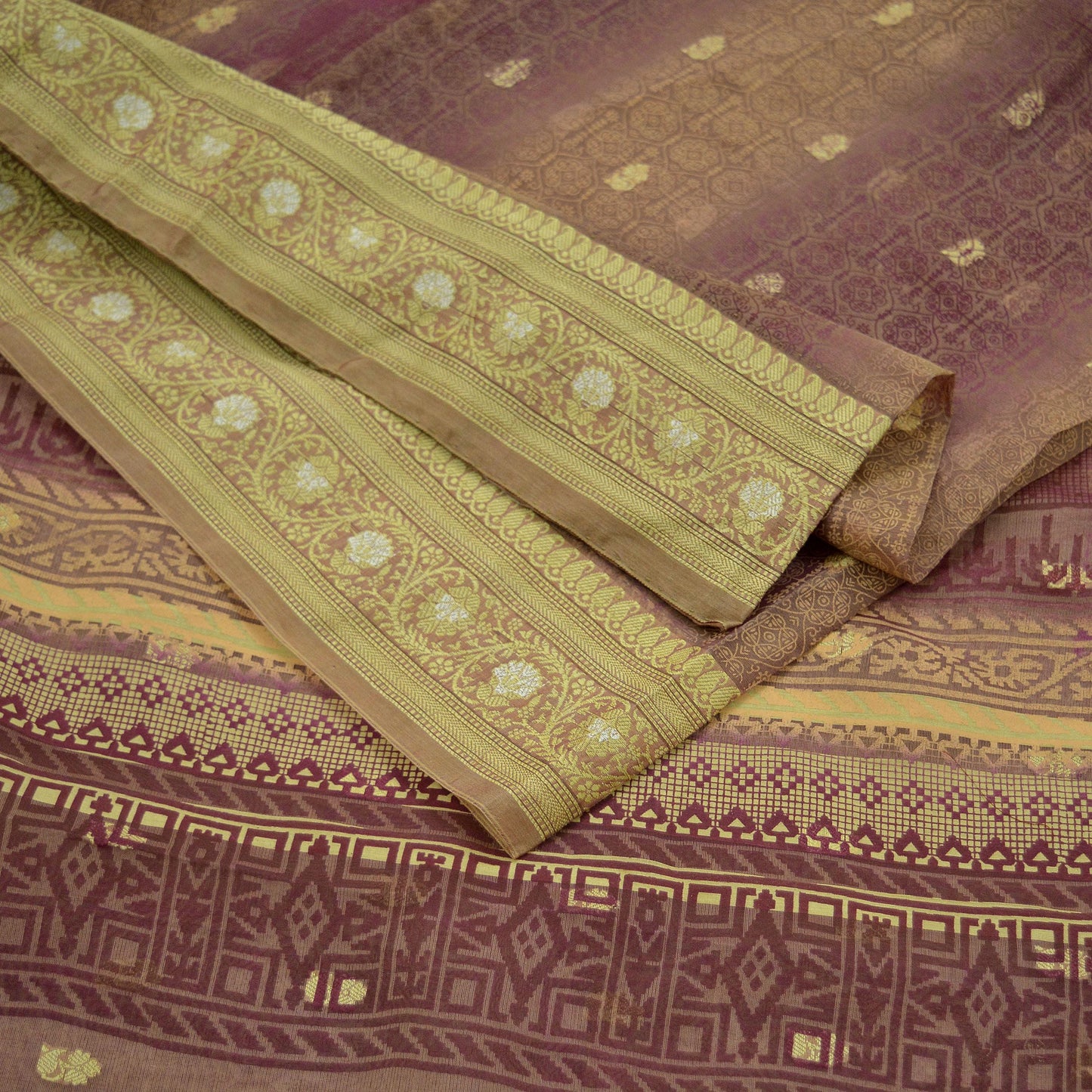 Indian Vintage Sari Beige & maroon Hand Woven 100% Pure Organza Silk Saree Craft Fabric 5Yd Dress Making Crafting Quilting Upcycle Fringes