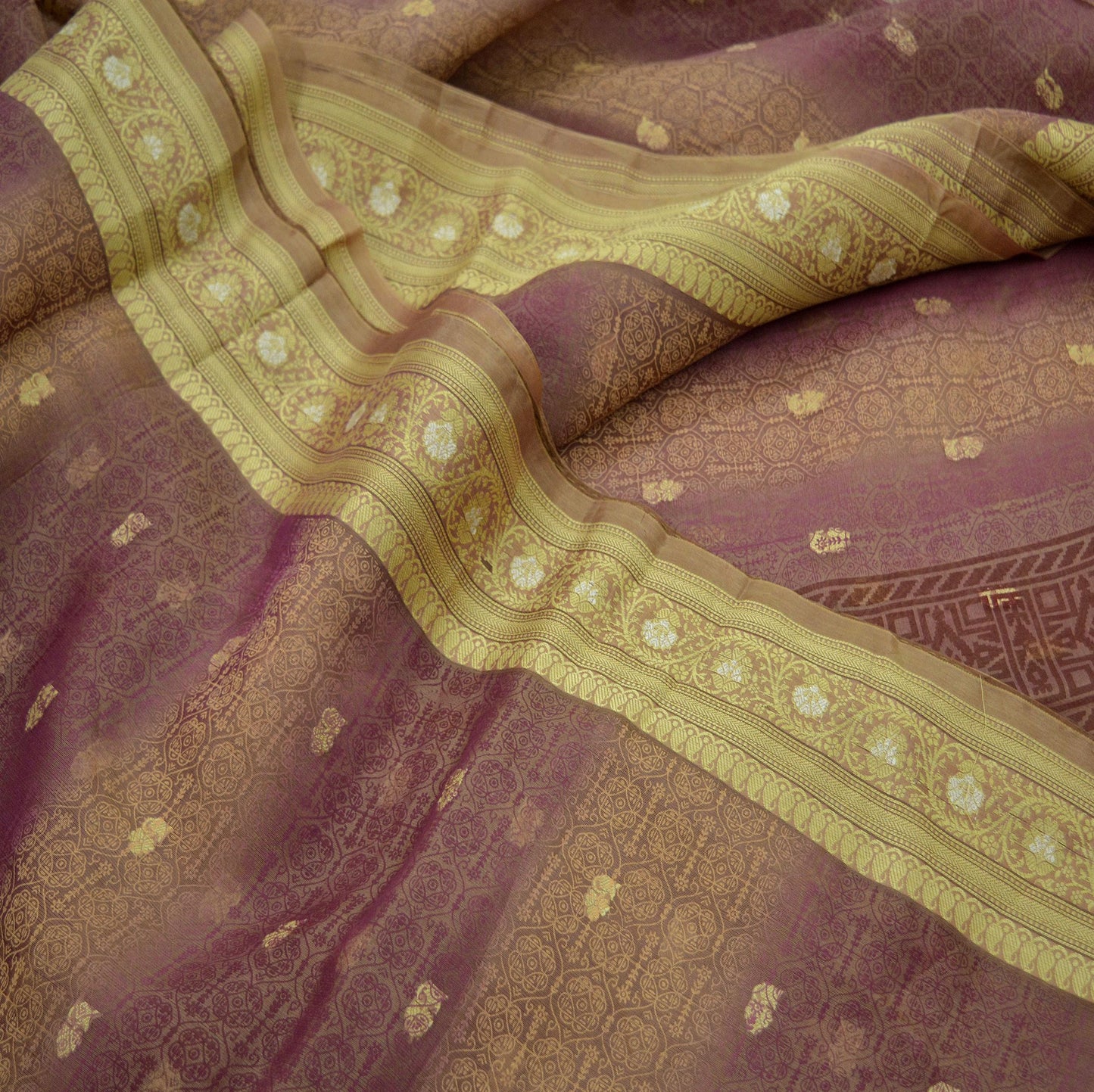 Indian Vintage Sari Beige & maroon Hand Woven 100% Pure Organza Silk Saree Craft Fabric 5Yd Dress Making Crafting Quilting Upcycle Fringes