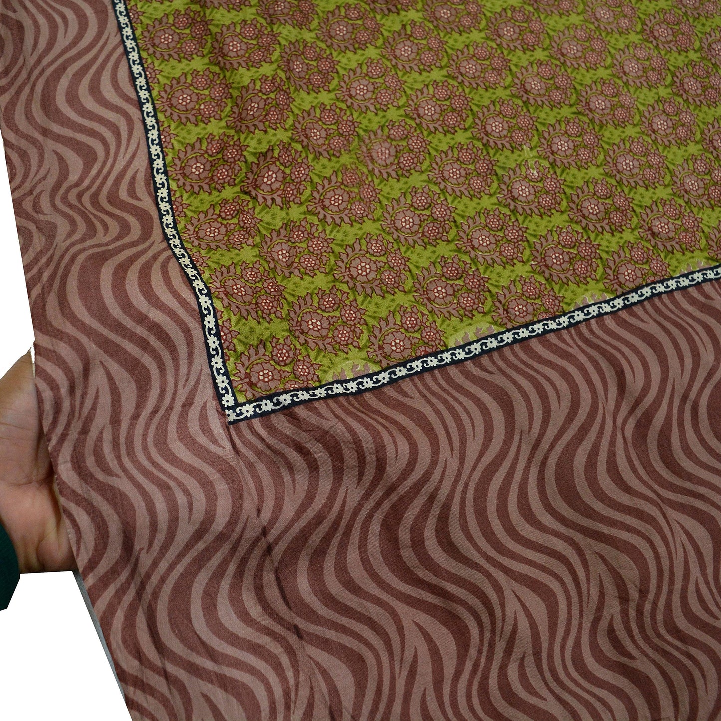 Indian Vintage Sari Brown & Green 100% Pure Silk Printed Sarees Craft Fabric 6yd Sewing Dress Making Soft Wrap Crafting Quilting