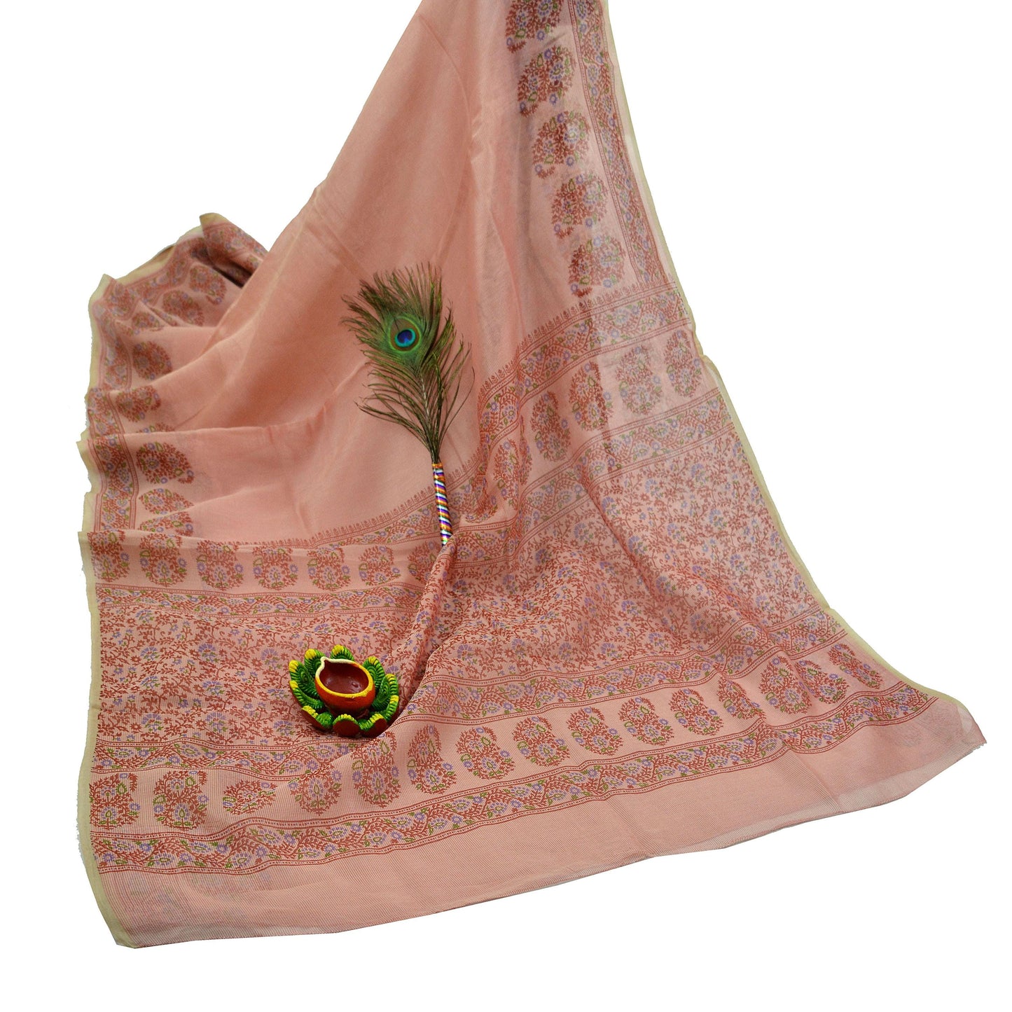Indian Vintage Peach Saree 100% Pure Silk Printed Sari Craft Fabric Soft 5yd Sewing Dress Making Soft Floral Crafting Quilting Upcycle