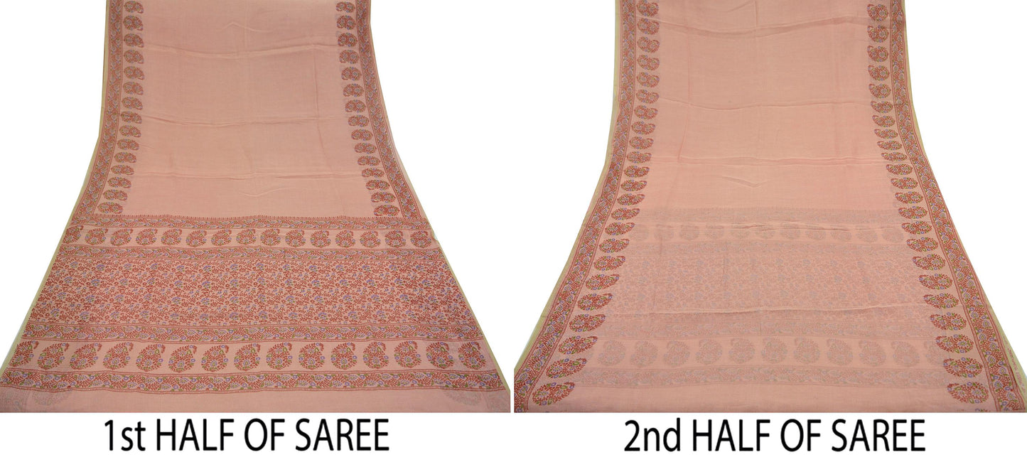 Indian Vintage Peach Saree 100% Pure Silk Printed Sari Craft Fabric Soft 5yd Sewing Dress Making Soft Floral Crafting Quilting Upcycle