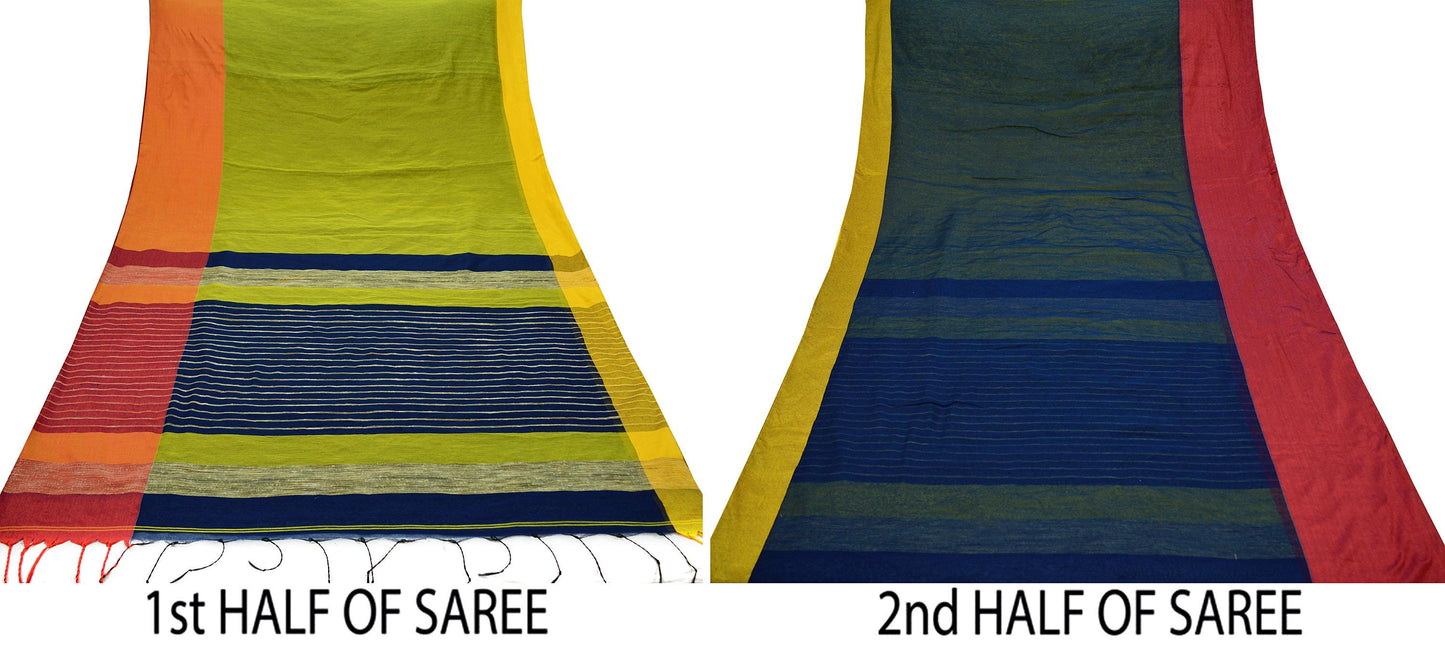 Indian Vintage Sari neon Green & Blue Cotton Hand Woven Sarees Craft Fabric 5Yd Floral Soft Dress making Quilting Crafting Upcycle Fringes