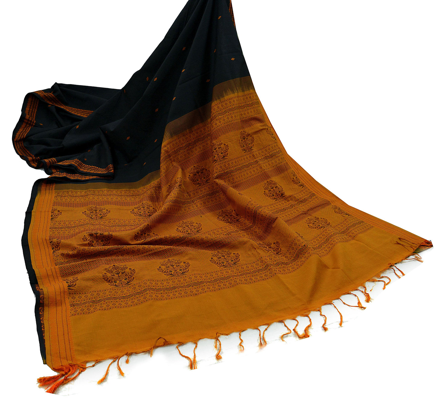 Indian Vintage Sari Mustard & Black Pure Cotton Hand Woven Baluchari Saree Craft Fabric 5yd Ethnic Humans Fringes Crafting Upcycle Quilting