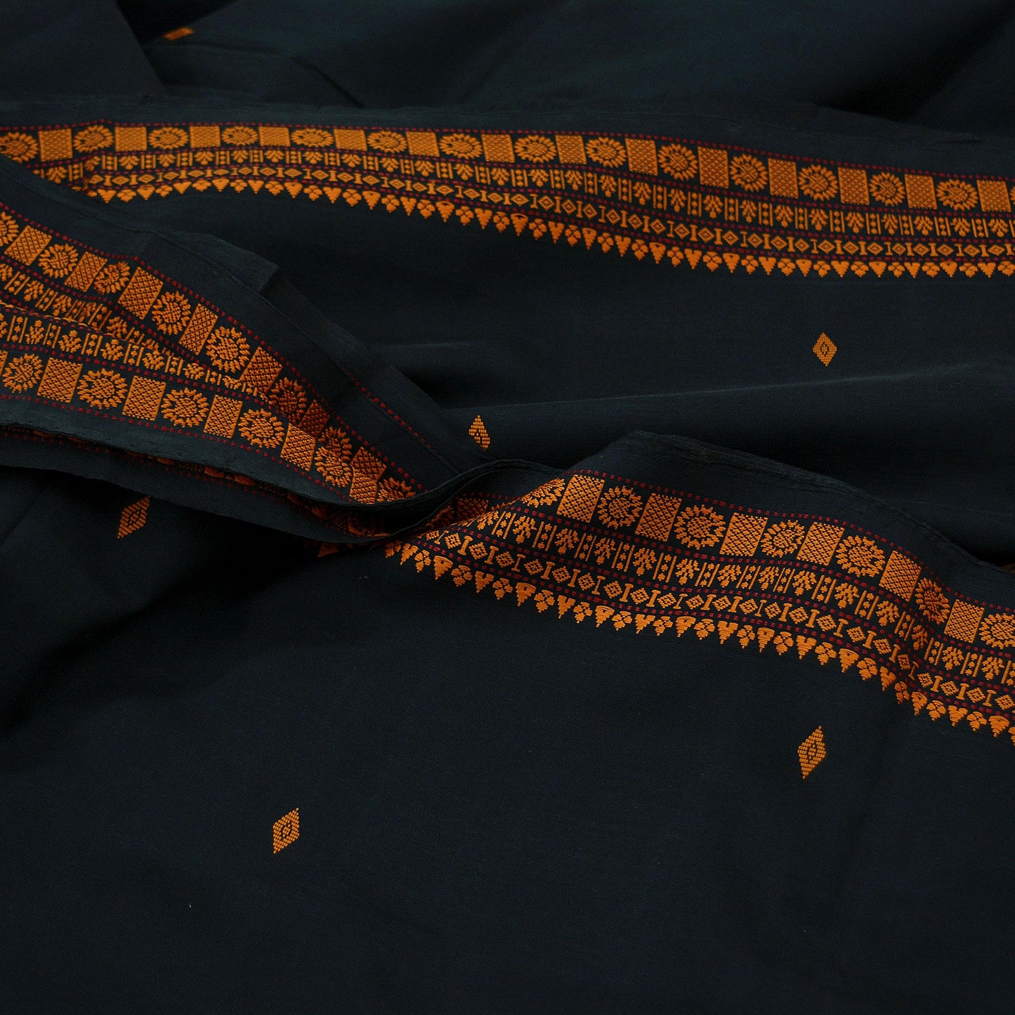 Indian Vintage Sari Mustard & Black Pure Cotton Hand Woven Baluchari Saree Craft Fabric 5yd Ethnic Humans Fringes Crafting Upcycle Quilting