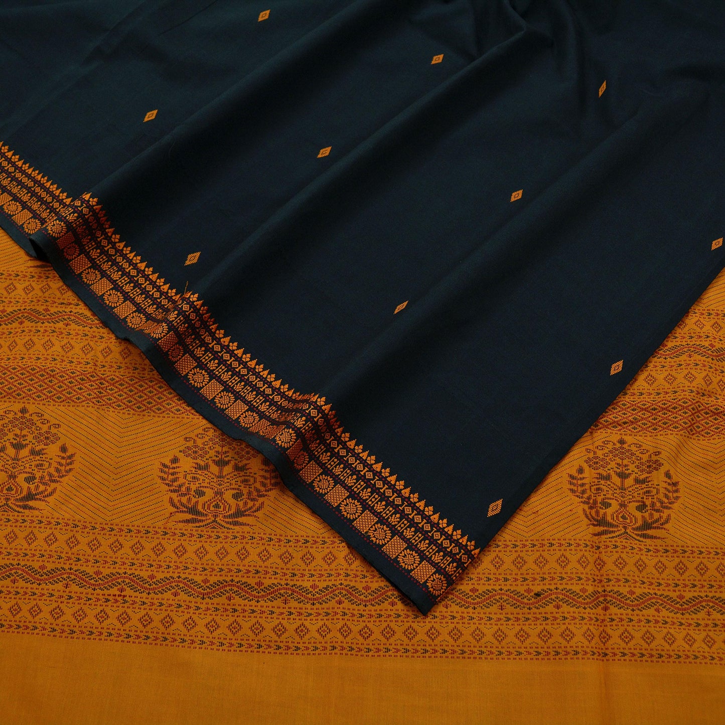 Indian Vintage Sari Mustard & Black Pure Cotton Hand Woven Baluchari Saree Craft Fabric 5yd Ethnic Humans Fringes Crafting Upcycle Quilting