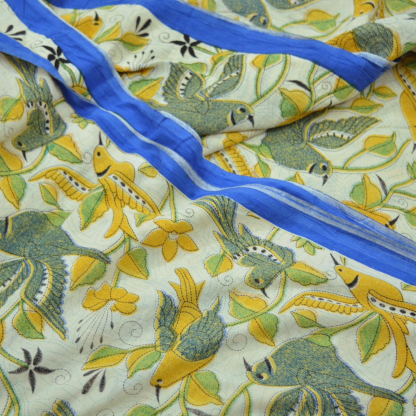 Indian Vintage Saree Ivory Block Printed Pure Cotton Sari Craft Fabric Soft 5Yd Sarong Wrap Peacock Floral Dress Making Quilting Crafting