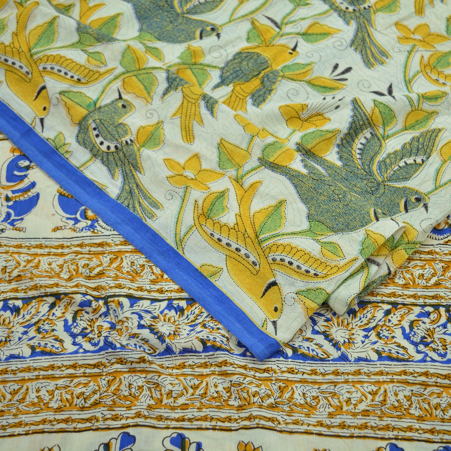 Indian Vintage Saree Ivory Block Printed Pure Cotton Sari Craft Fabric Soft 5Yd Sarong Wrap Peacock Floral Dress Making Quilting Crafting