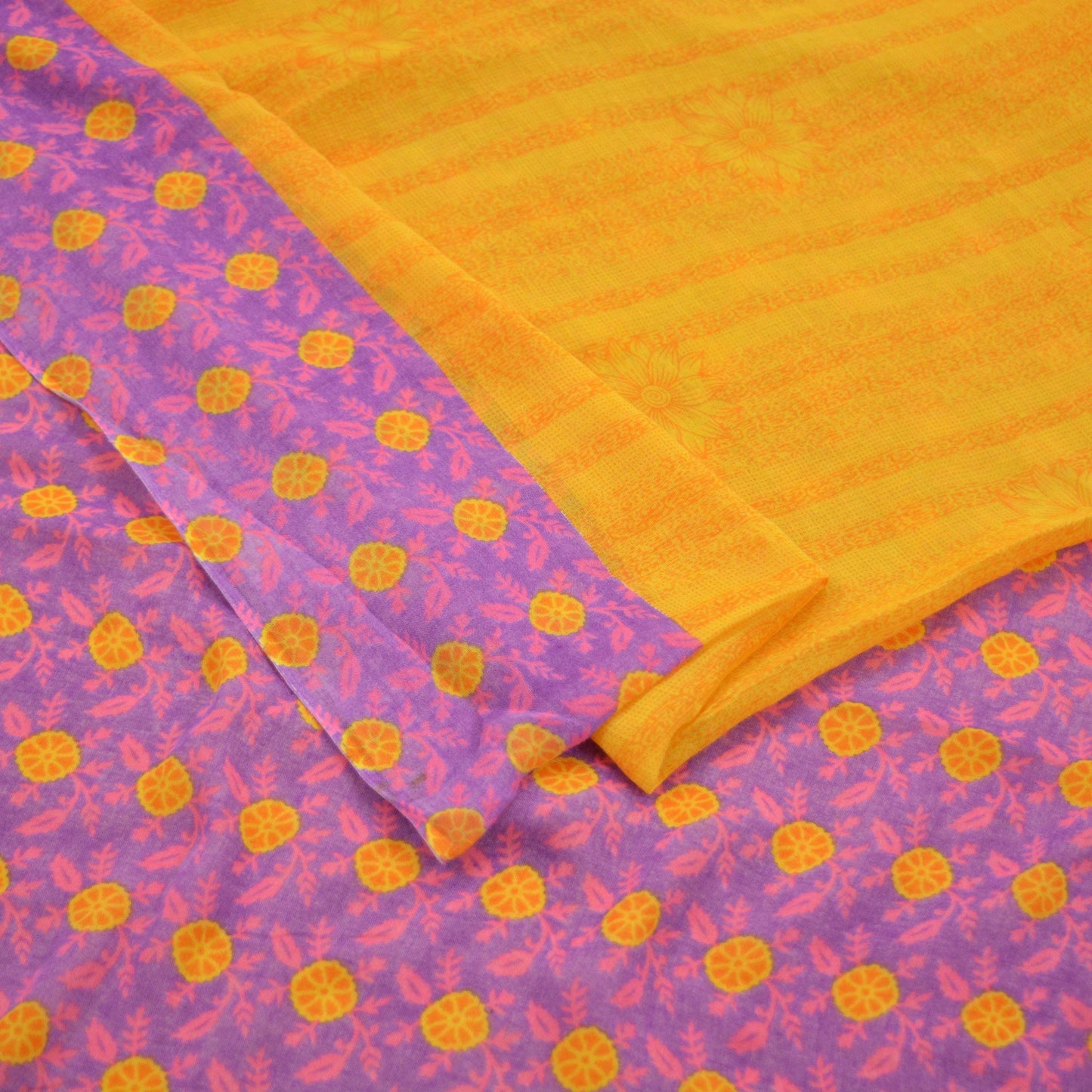 Indian Vintage Sari Purple & yellow Printed Sarees Pure Cotton Craft Fabric 5Yd Soft Sewing Sarong Wrap Boho Upcycle Quilting Crafting Used