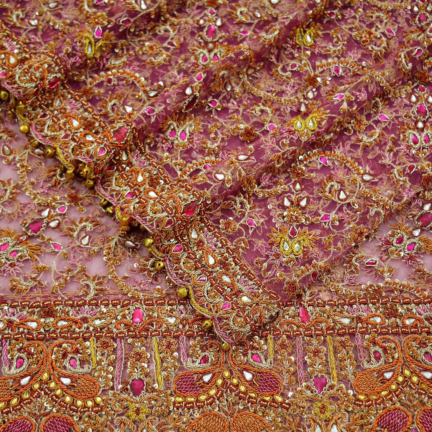 Indian Vintage Heavy Purple Dupatta Net Mesh Long Stole Hand Embroidered Scarves Golden Zardozi Dabka Zari Bridal/Wedding Veil