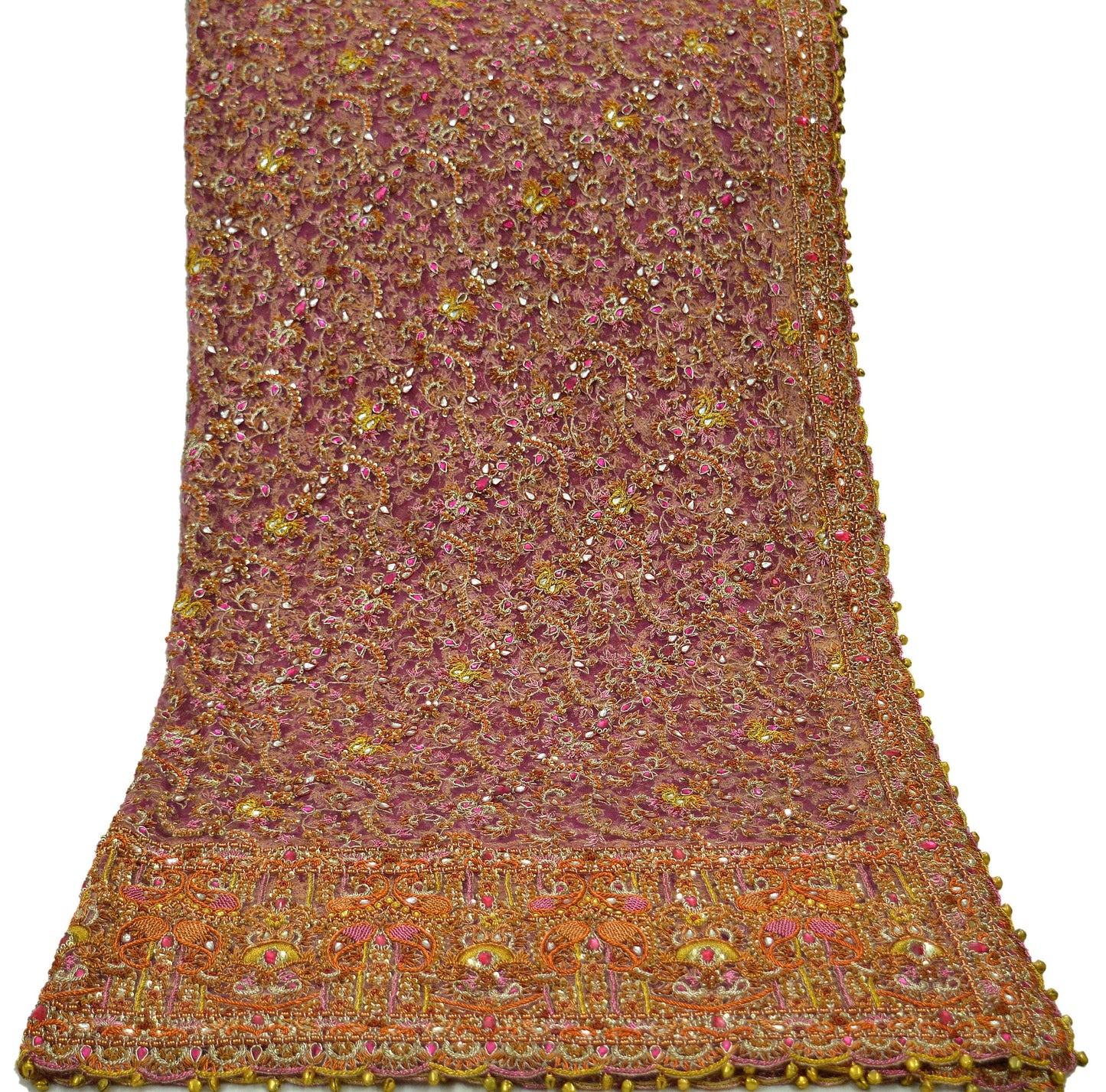 Indian Vintage Heavy Purple Dupatta Net Mesh Long Stole Hand Embroidered Scarves Golden Zardozi Dabka Zari Bridal/Wedding Veil