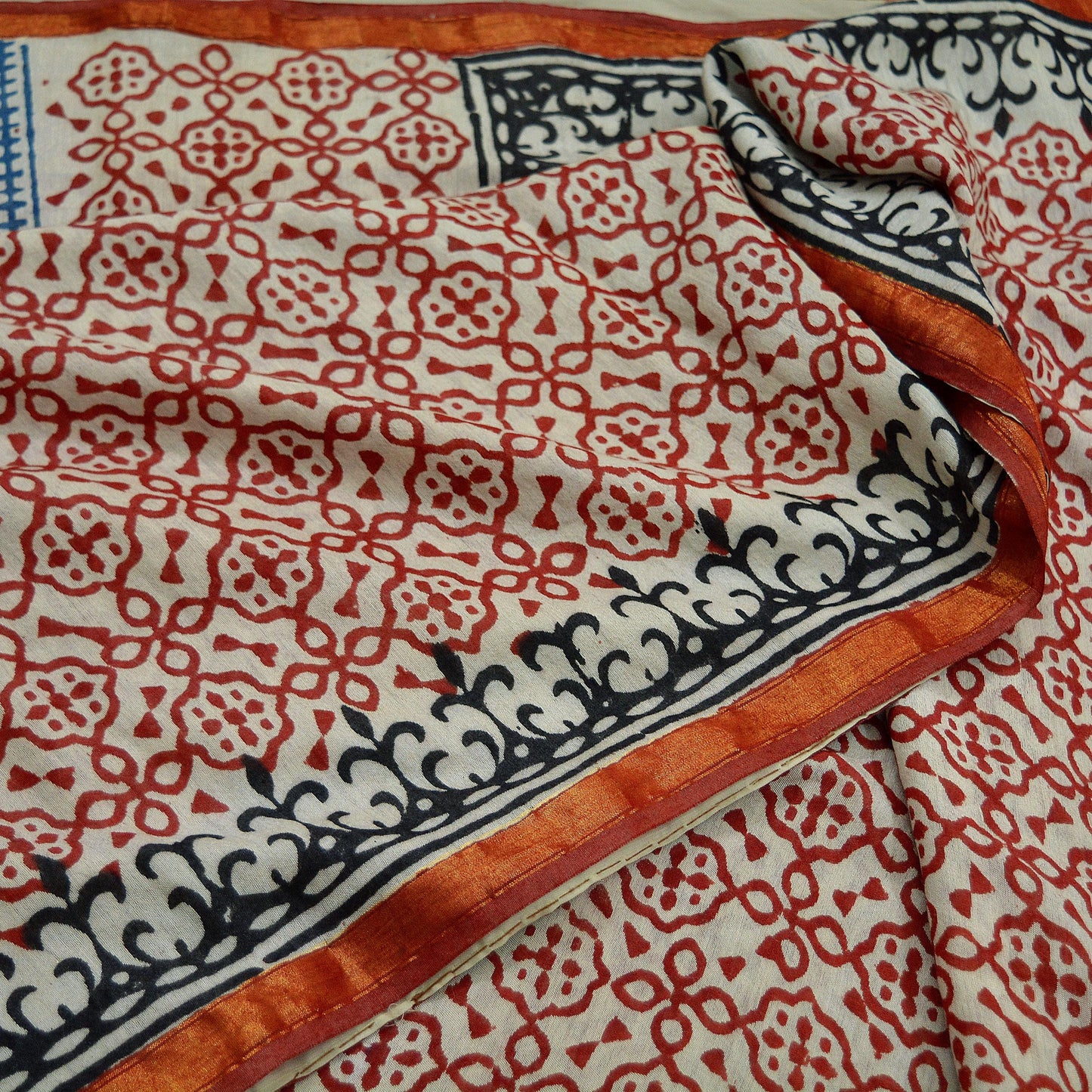 Indian Vintage Sari Cream Block Printed Sari Chanderi Cotton Saree Craft Fabric 5Yd Floral Soft Dress making Crafting