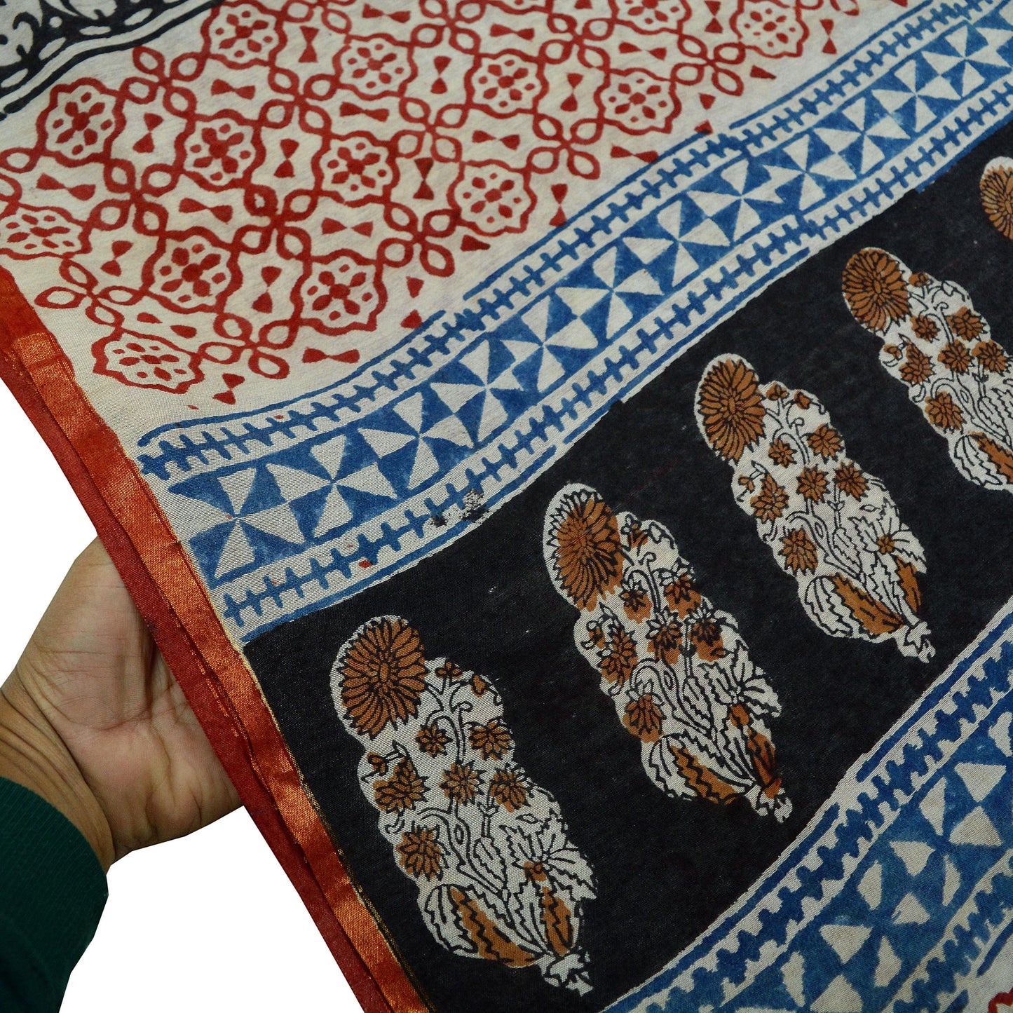Indian Vintage Sari Cream Block Printed Sari Chanderi Cotton Saree Craft Fabric 5Yd Floral Soft Dress making Crafting
