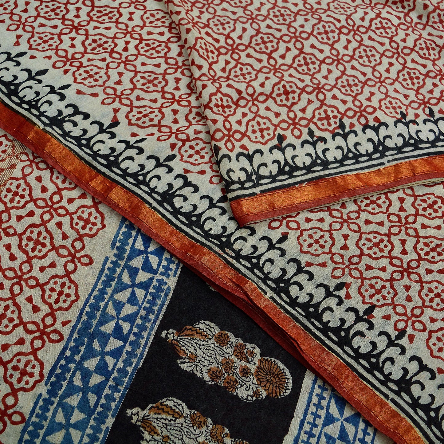 Indian Vintage Sari Cream Block Printed Sari Chanderi Cotton Saree Craft Fabric 5Yd Floral Soft Dress making Crafting