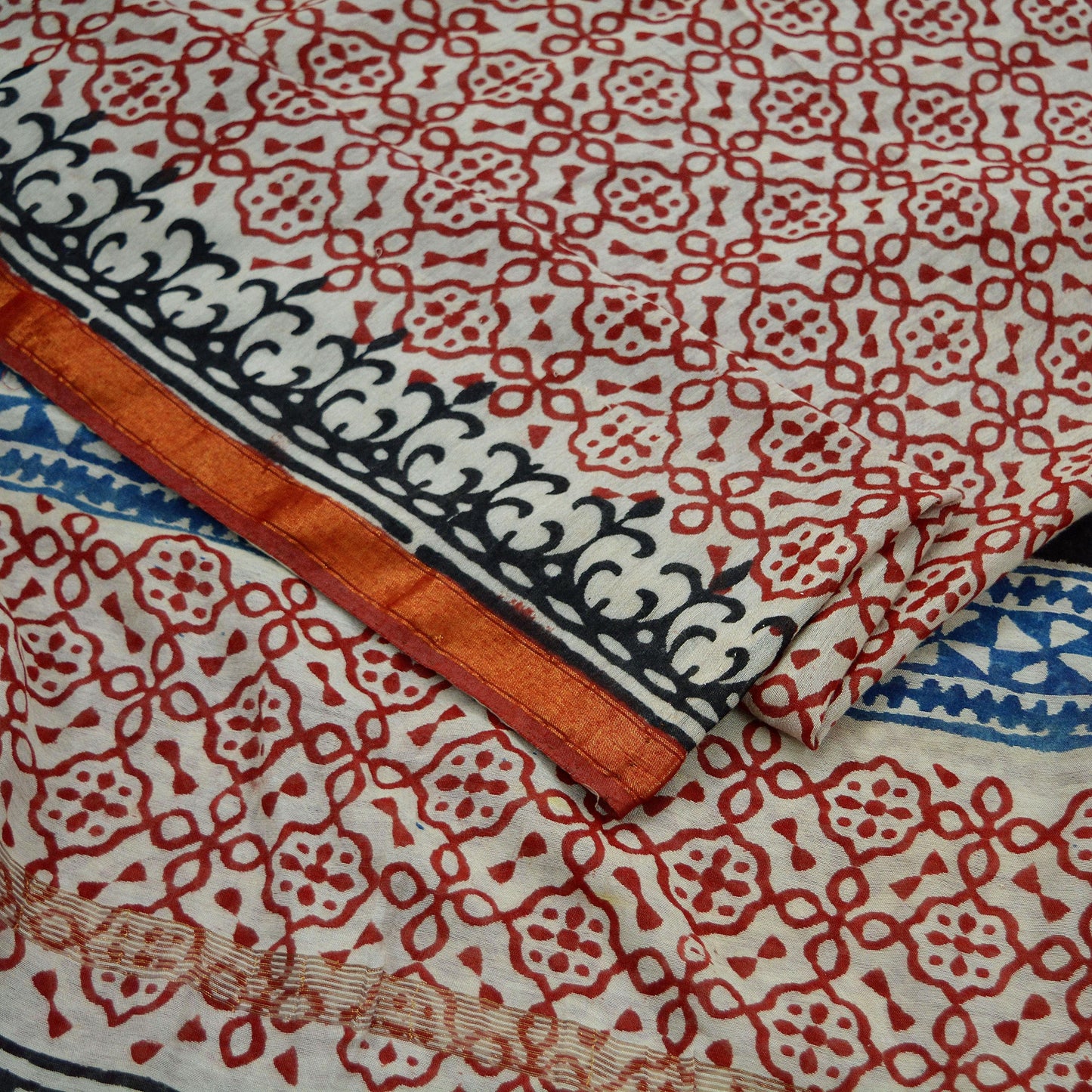 Indian Vintage Sari Cream Block Printed Sari Chanderi Cotton Saree Craft Fabric 5Yd Floral Soft Dress making Crafting