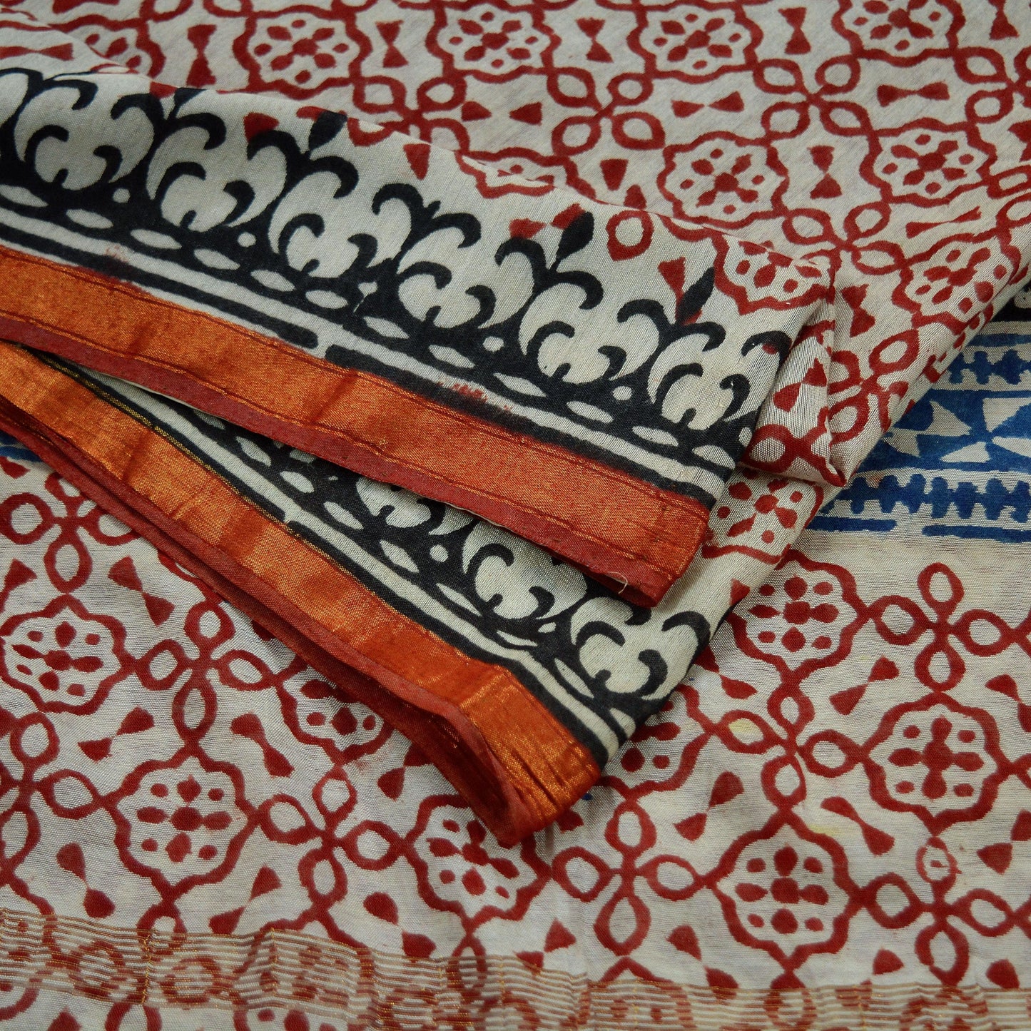 Indian Vintage Sari Cream Block Printed Sari Chanderi Cotton Saree Craft Fabric 5Yd Floral Soft Dress making Crafting