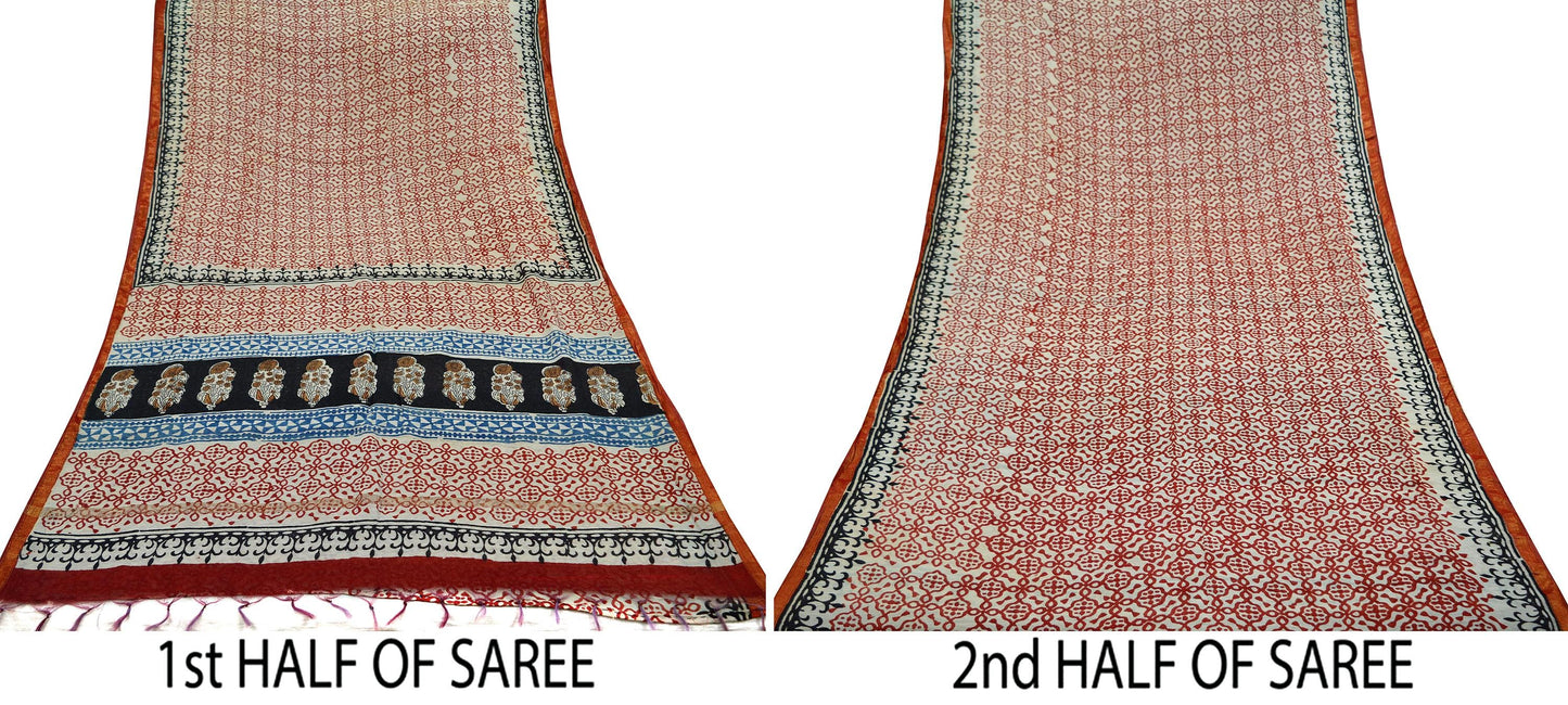 Indian Vintage Sari Cream Block Printed Sari Chanderi Cotton Saree Craft Fabric 5Yd Floral Soft Dress making Crafting