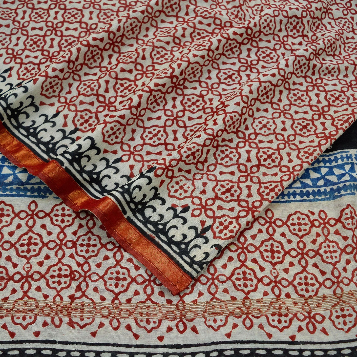 Indian Vintage Sari Cream Block Printed Sari Chanderi Cotton Saree Craft Fabric 5Yd Floral Soft Dress making Crafting