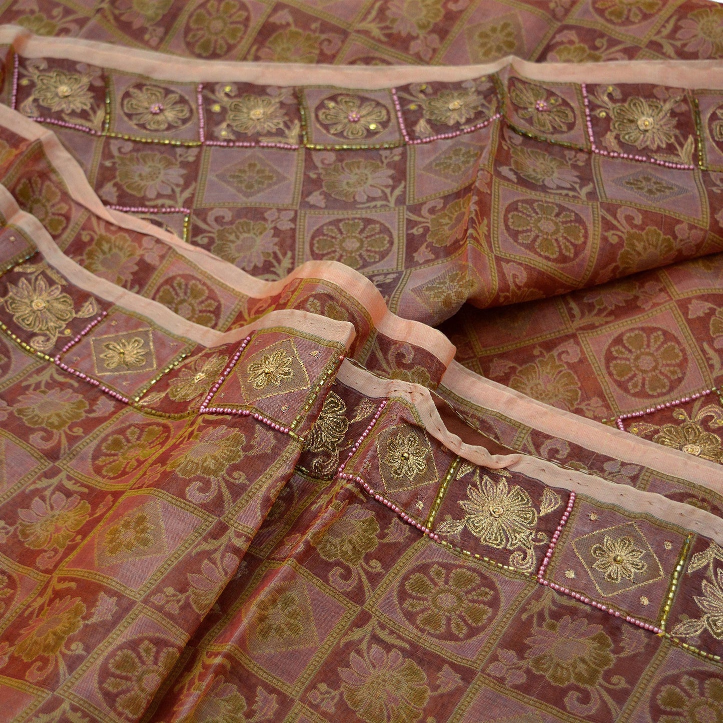 Indian Vintage Sari Brown Hand Embroidered Saree Pure Organza Silk Fabric 5Yd Ethnic Dress Making Crafting Quilting Zardozi/ Dabka