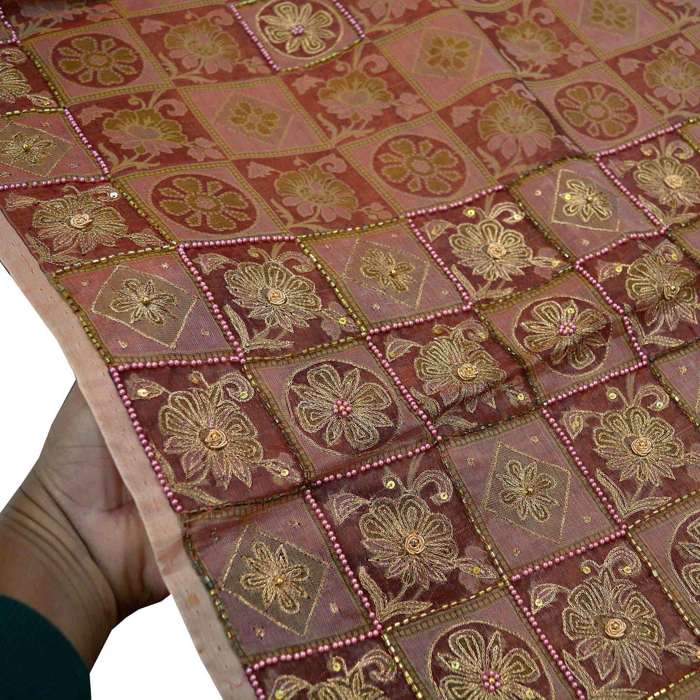 Indian Vintage Sari Brown Hand Embroidered Saree Pure Organza Silk Fabric 5Yd Ethnic Dress Making Crafting Quilting Zardozi/ Dabka