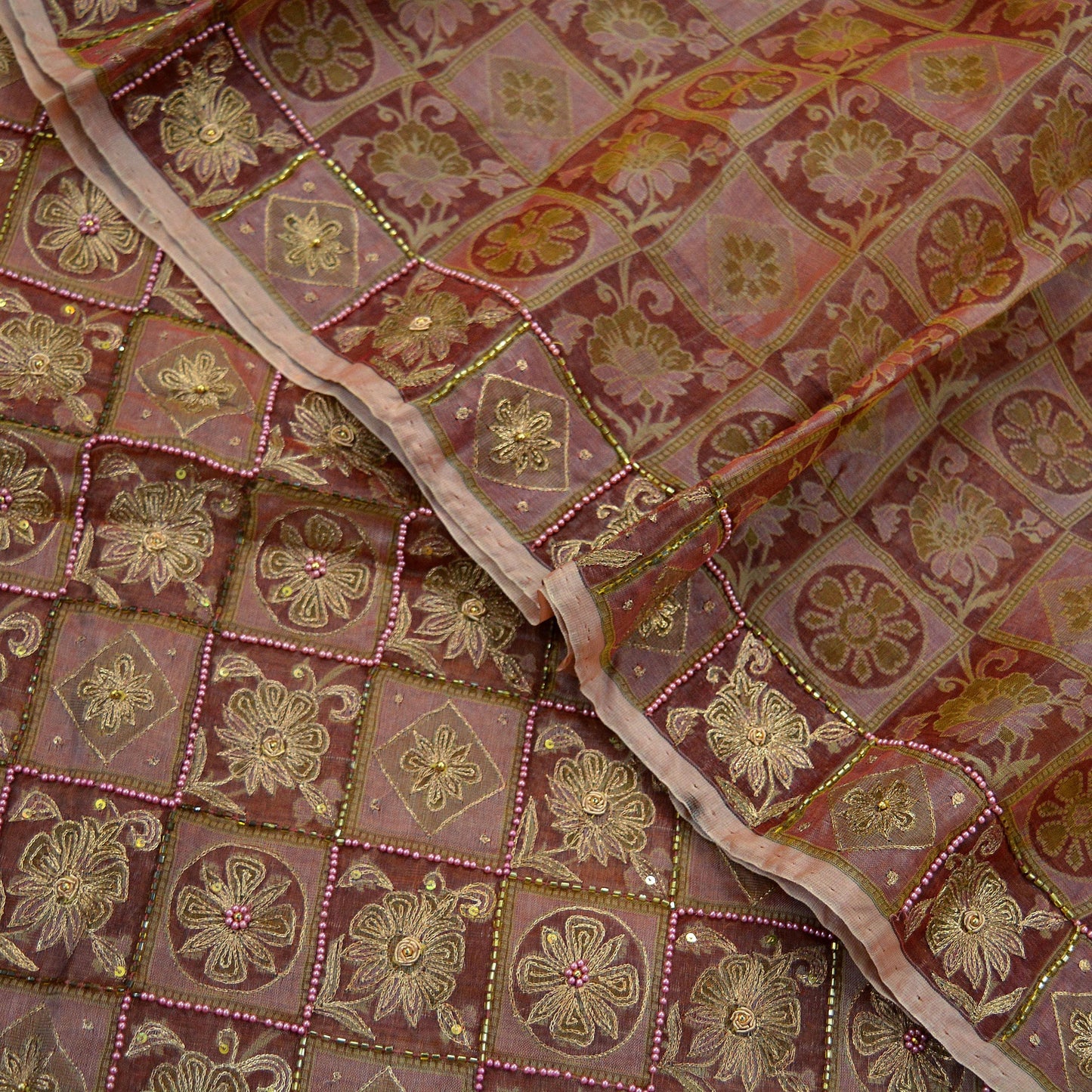 Indian Vintage Sari Brown Hand Embroidered Saree Pure Organza Silk Fabric 5Yd Ethnic Dress Making Crafting Quilting Zardozi/ Dabka