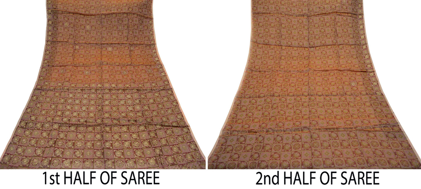 Indian Vintage Sari Brown Hand Embroidered Saree Pure Organza Silk Fabric 5Yd Ethnic Dress Making Crafting Quilting Zardozi/ Dabka