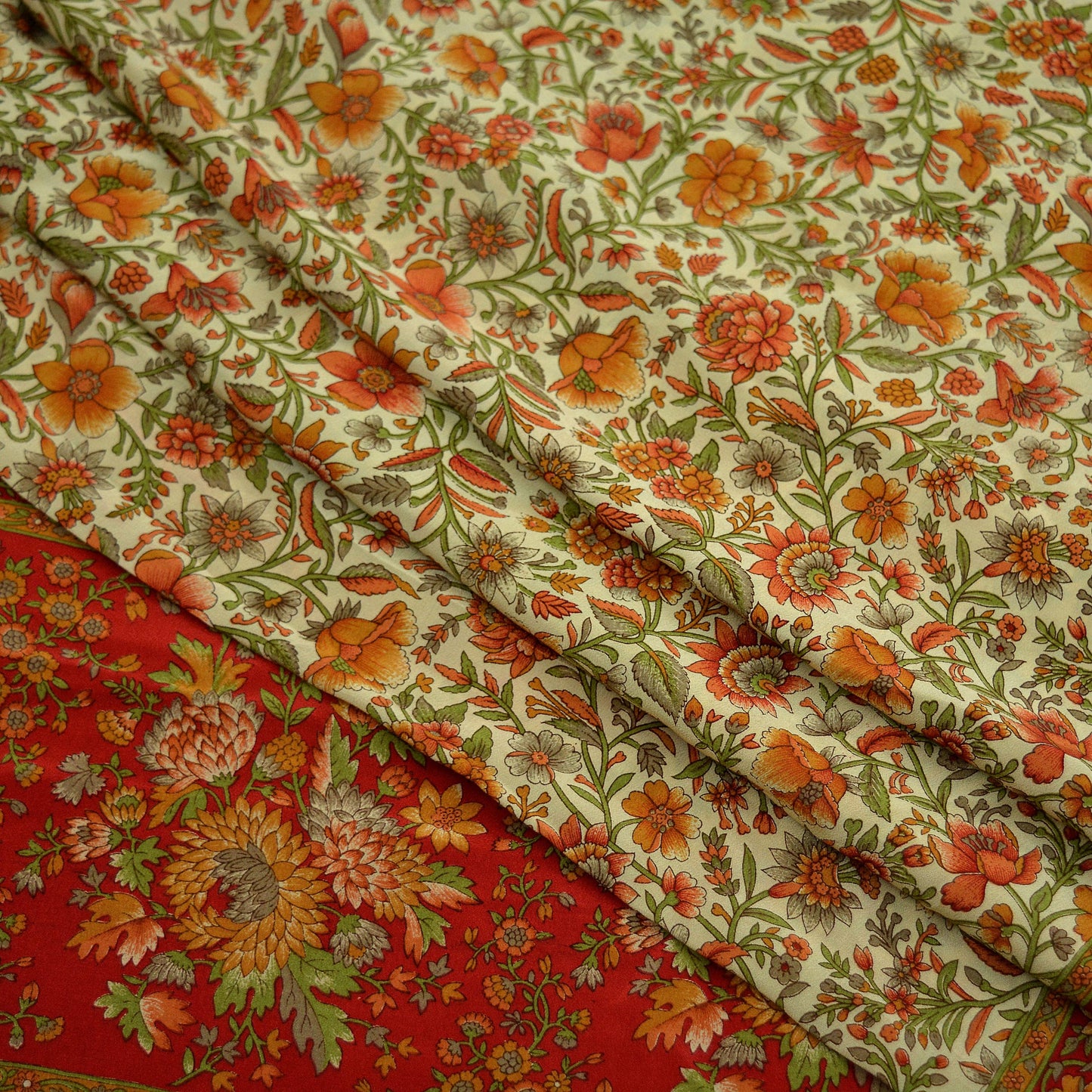 Indian Vintage Sari Red & Beige Pure Crepe Silk Printed Sarees 5yd Sewing Craft Fabric Floral Soft Wrap Dress making Upcycle Quilting
