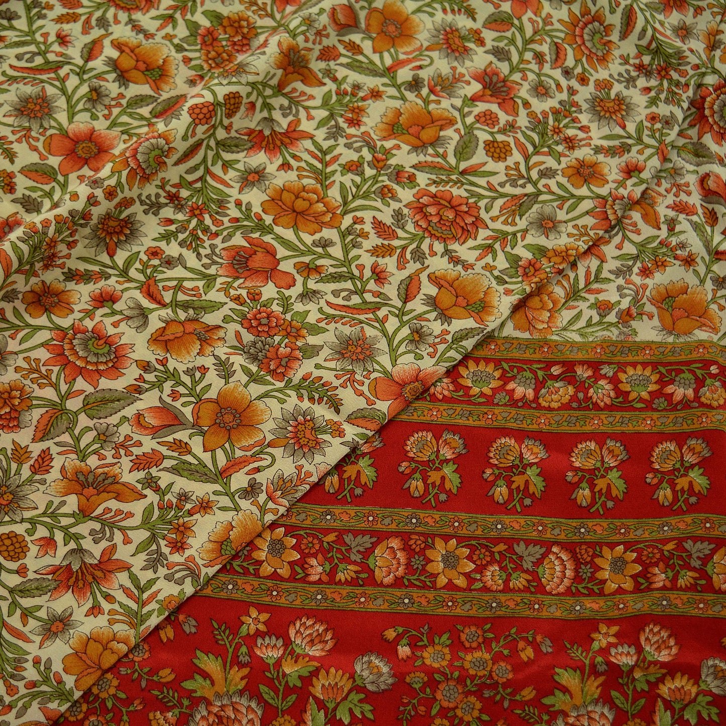 Indian Vintage Sari Red & Beige Pure Crepe Silk Printed Sarees 5yd Sewing Craft Fabric Floral Soft Wrap Dress making Upcycle Quilting