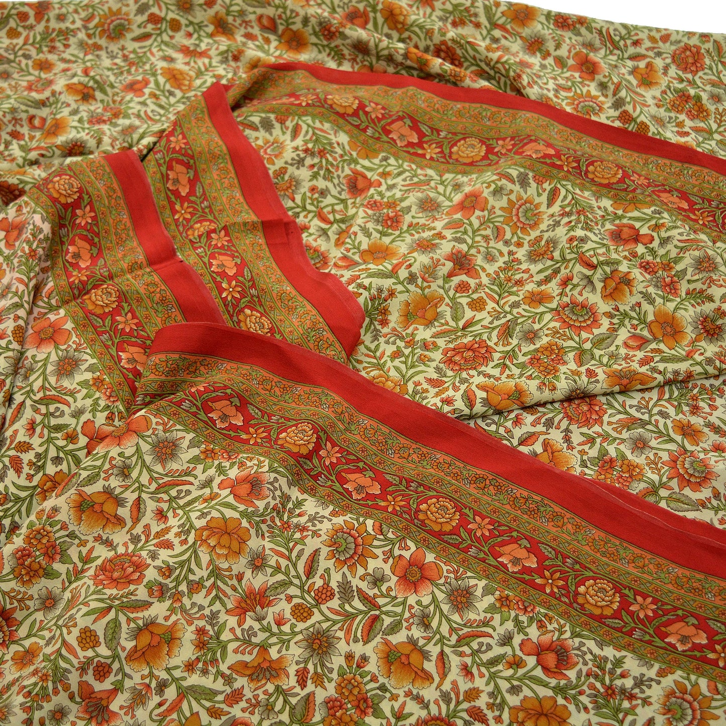Indian Vintage Sari Red & Beige Pure Crepe Silk Printed Sarees 5yd Sewing Craft Fabric Floral Soft Wrap Dress making Upcycle Quilting