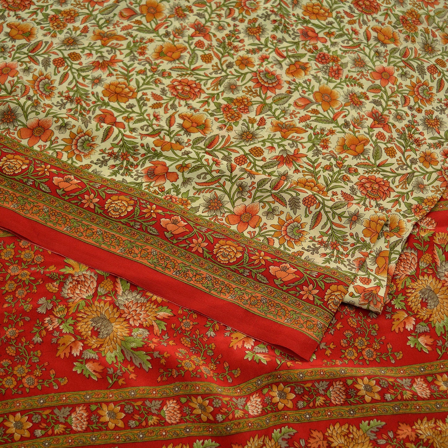 Indian Vintage Sari Red & Beige Pure Crepe Silk Printed Sarees 5yd Sewing Craft Fabric Floral Soft Wrap Dress making Upcycle Quilting
