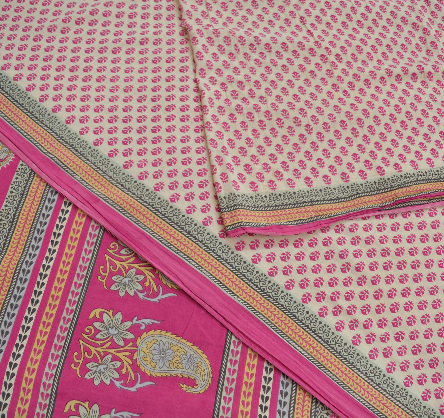 Indian Vintage Sari Ivory & Pink Printed Blend Cotton Saree Craft Fabric 5Yd Soft Sewing Sarong Wrap Boho Floral Dress making Crafting