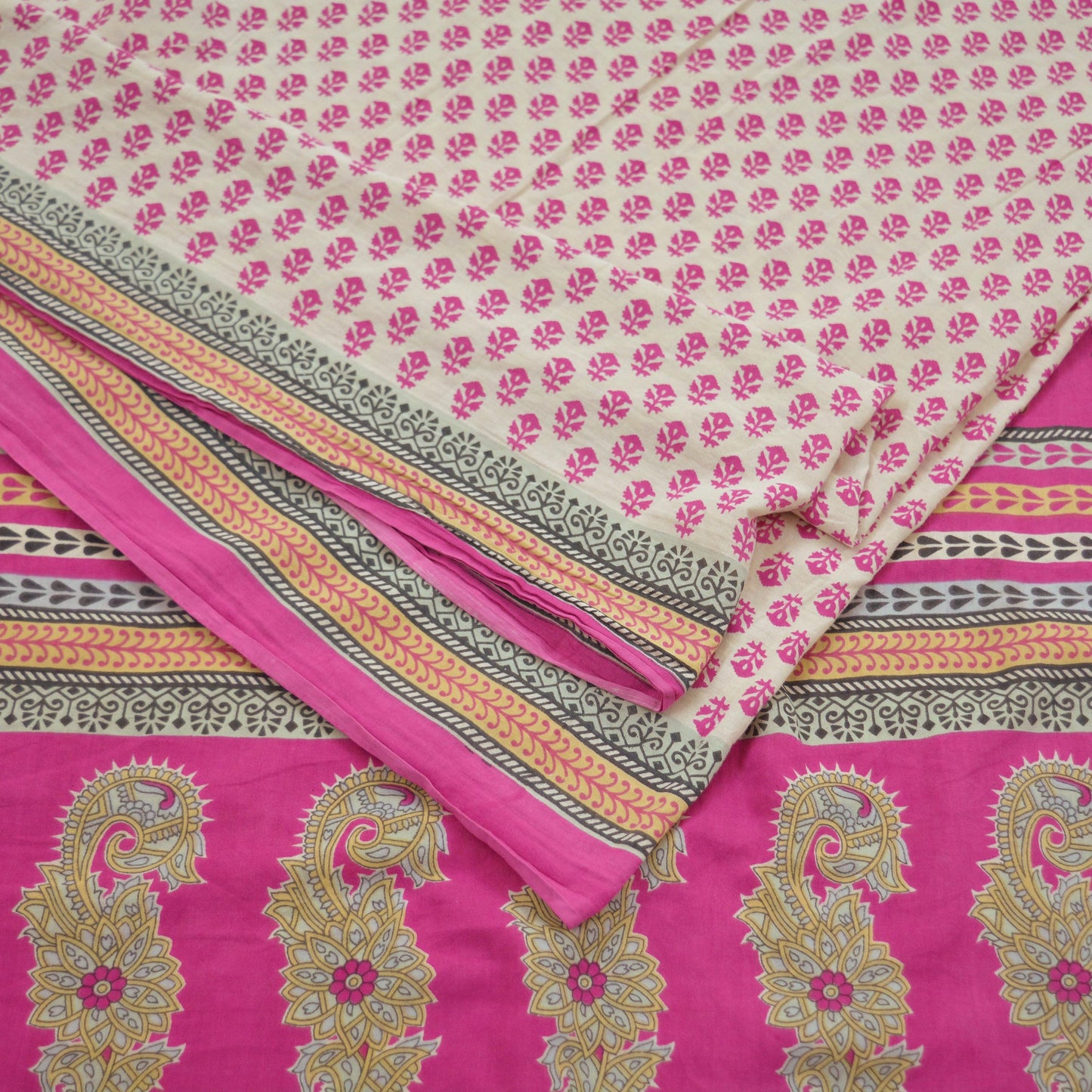 Indian Vintage Sari Ivory & Pink Printed Blend Cotton Saree Craft Fabric 5Yd Soft Sewing Sarong Wrap Boho Floral Dress making Crafting