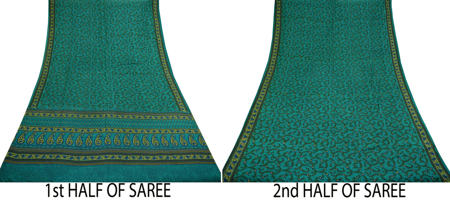 Indian Vintage Sari Green Pure Silk Printed Sarees 5yd Sewing Craft Fabric Dress Making Soft Floral Wrap Upcycle Used Quilting Crafting
