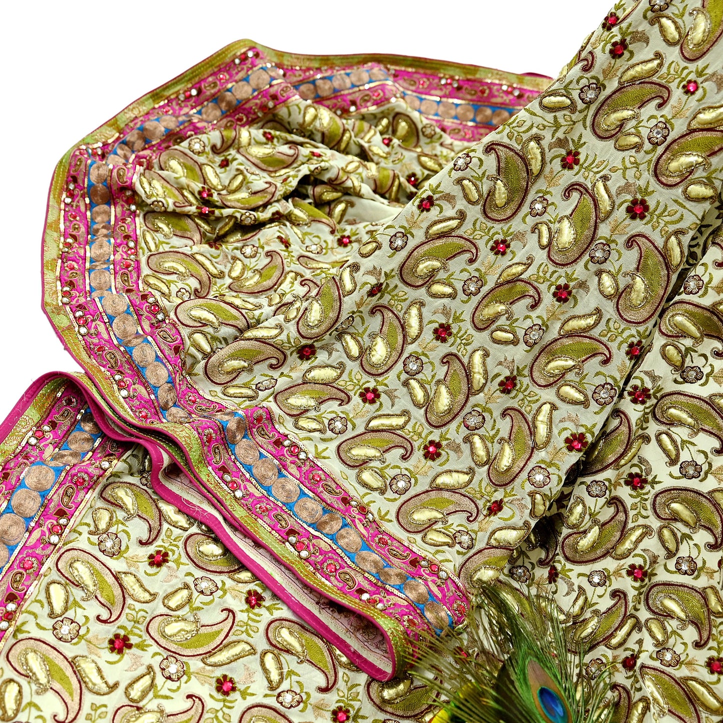 Indian Pre-owned Heavy Sari Ivory Pure Georgette Silk Hand Embroidered Sarees Designer Abu Jani 6Yd Sewing Ethnic Sarees With Blouse Fabric