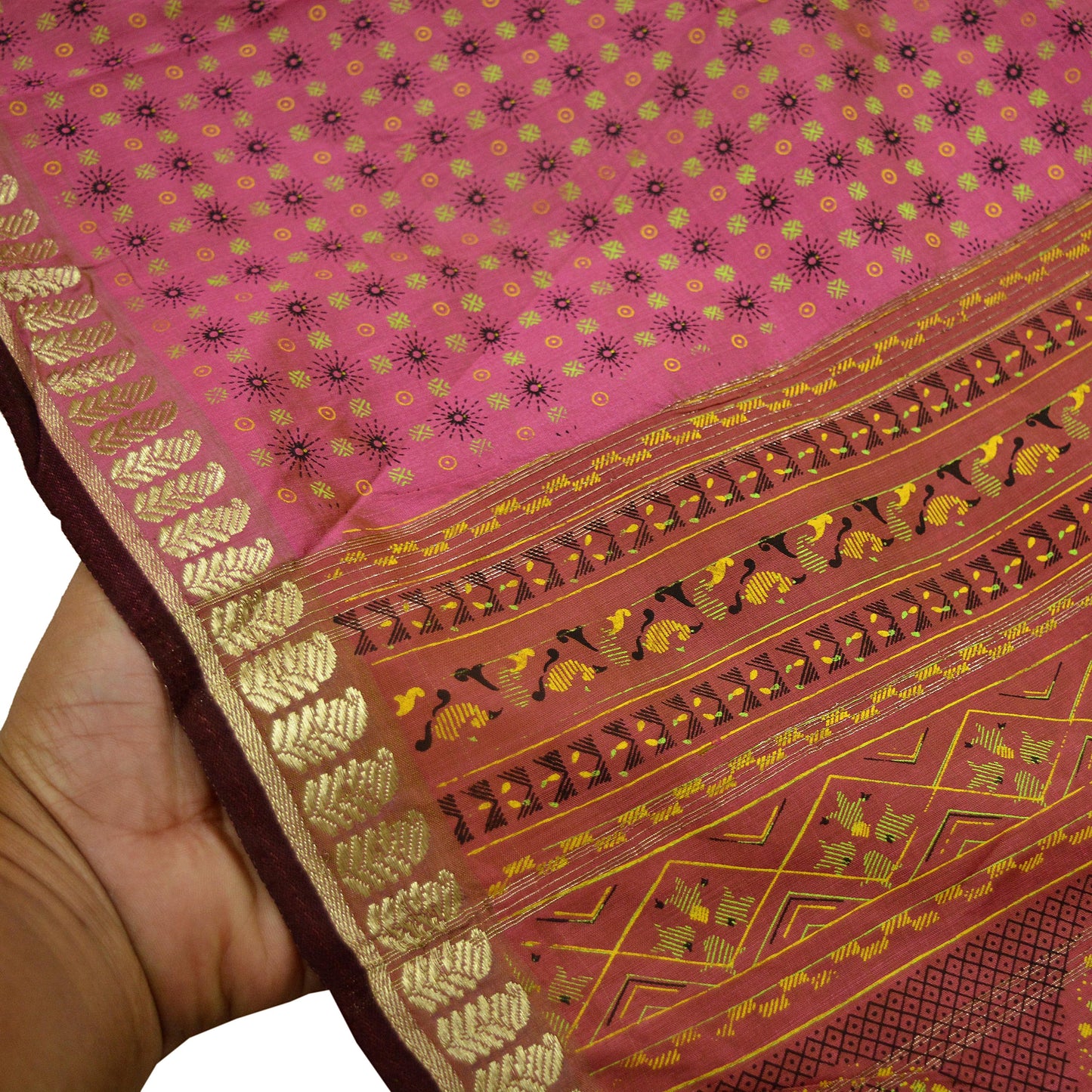 Indian Vintage Sari Pink Mysore Silk Woven Painted Sarees Fabric 5Yd Ethnic South silk Dress Making Crafting Upcycle Quilting Zari Border