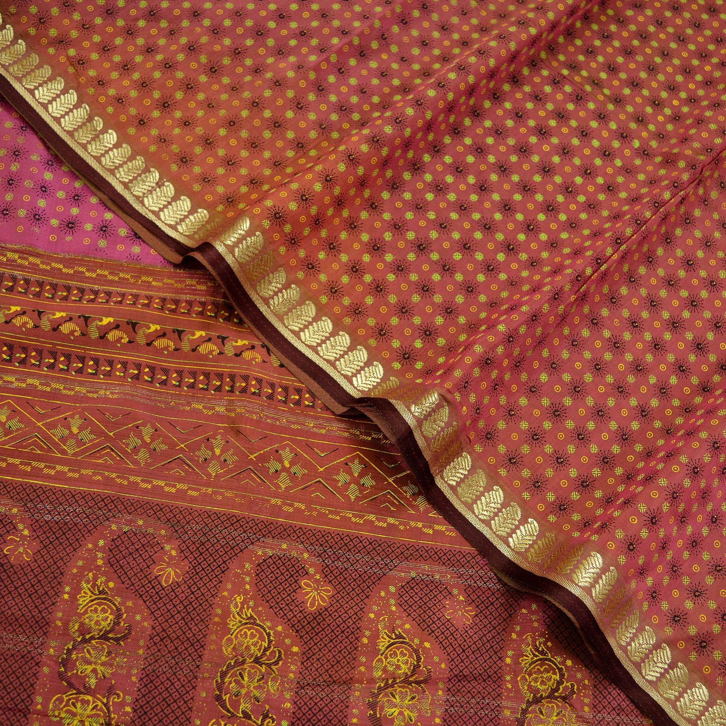 Indian Vintage Sari Pink Mysore Silk Woven Painted Sarees Fabric 5Yd Ethnic South silk Dress Making Crafting Upcycle Quilting Zari Border