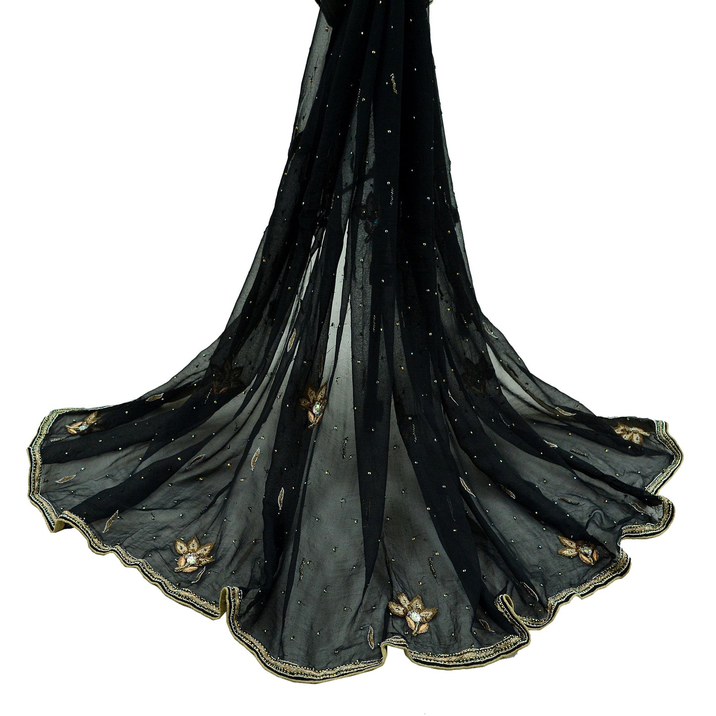 Indian Vintage Black Dupatta Pure Georgette silk Long Stole Hand Embroidered Scarves Stole Veil Wrap Sequins Zardozi