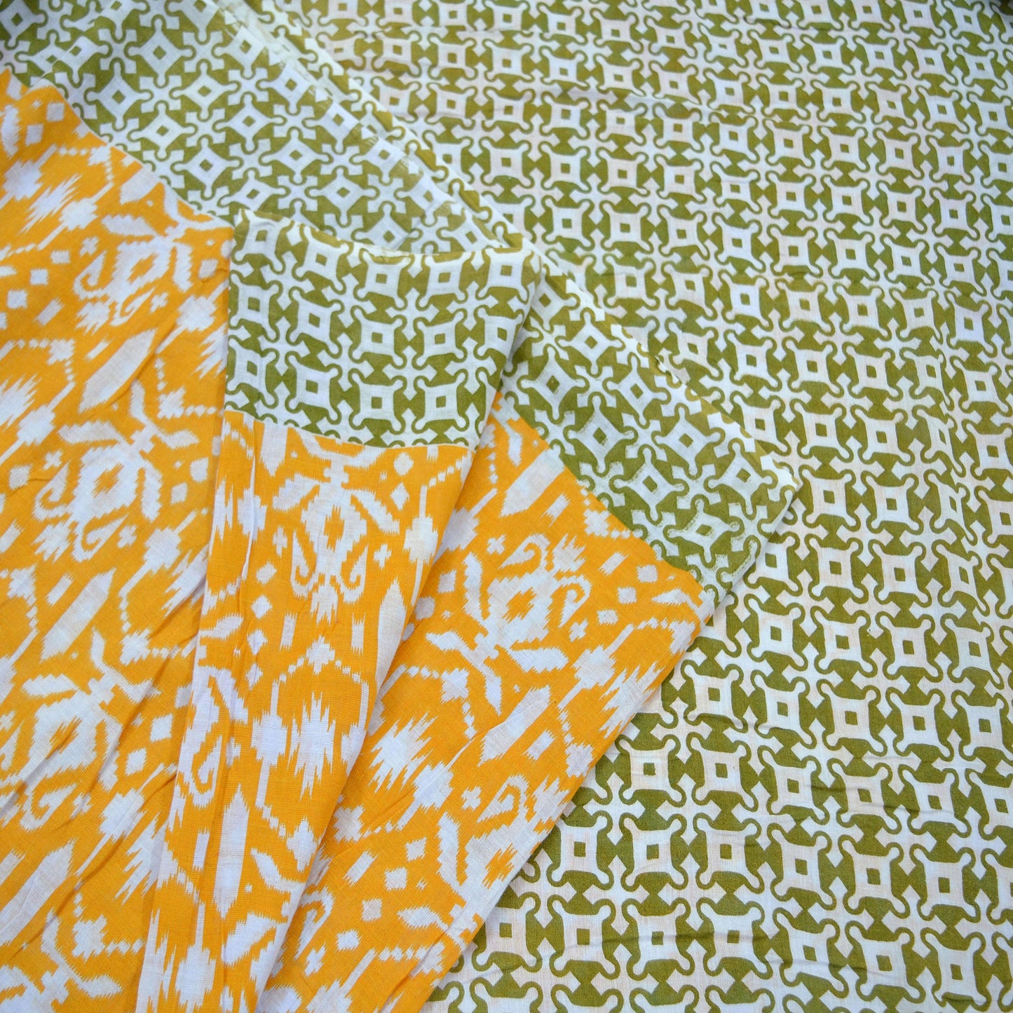 Indian Vintage Sari Green & White Printed Pure Cotton Sarees 5Yd Craft Fabric Soft Sewing Sarong Wrap Boho Upcycle quilting Dress making