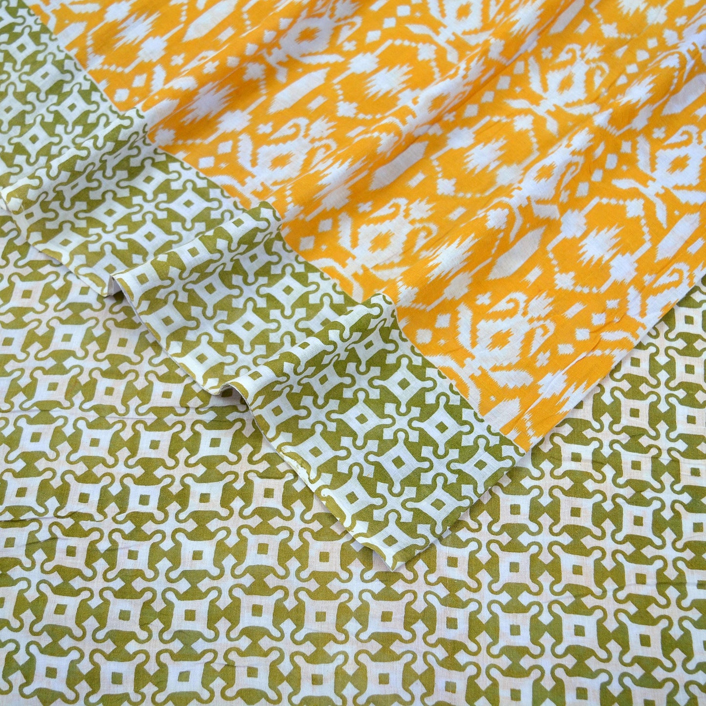 Indian Vintage Sari Green & White Printed Pure Cotton Sarees 5Yd Craft Fabric Soft Sewing Sarong Wrap Boho Upcycle quilting Dress making