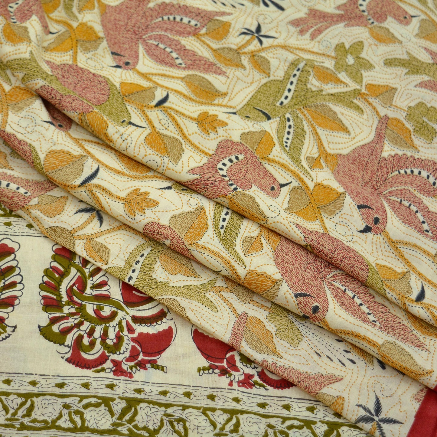 Indian Vintage Sari Ivory Printed Pure Cotton Sarees 5Yd Craft Fabric Soft Sewing Sarong Wrap Boho Upcycle quilting Dress making