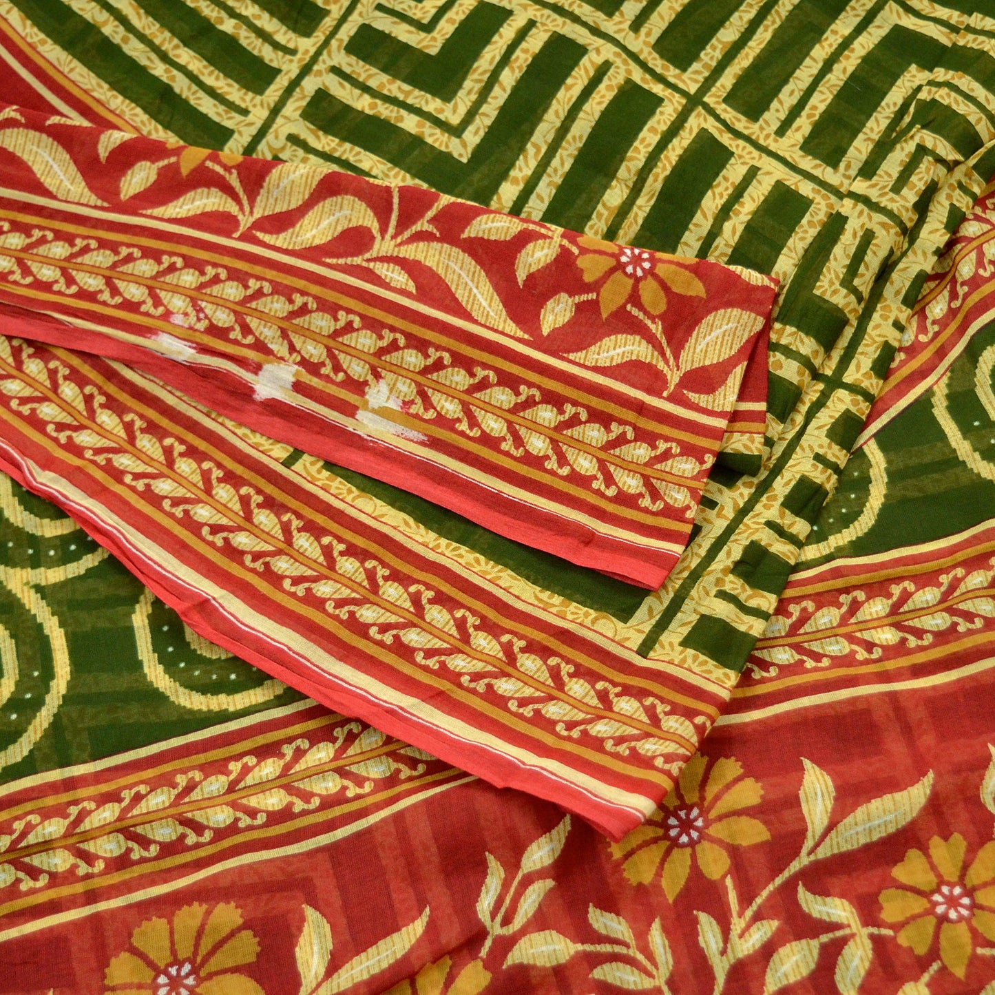 Indian Vintage Sari Green, Beige & Red Printed Pure Cotton Saree Craft Fabric 5Yd Sewing Sarong Wrap Boho Floral Crafting Upcycle Quilting