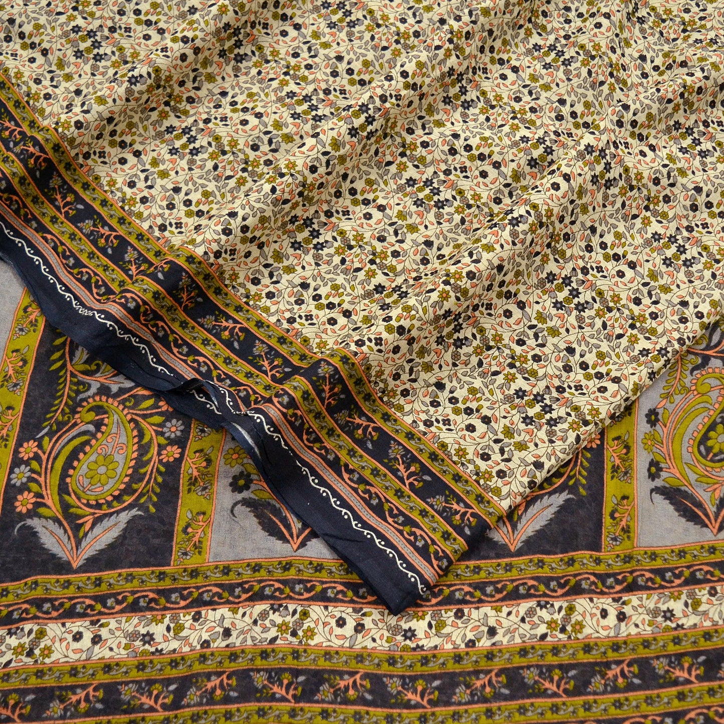 Indian Vintage Sari Ivory Printed Pure Cotton Sarees 5Yd Craft Fabric Soft Sewing Sarong Wrap Boho Upcycle quilting Dress making