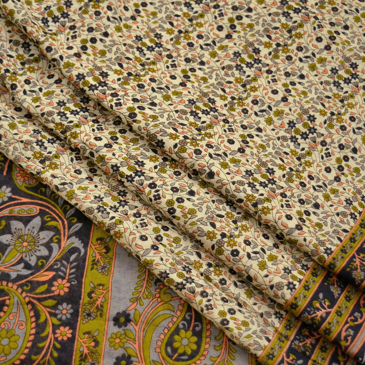 Indian Vintage Sari Ivory Printed Pure Cotton Sarees 5Yd Craft Fabric Soft Sewing Sarong Wrap Boho Upcycle quilting Dress making