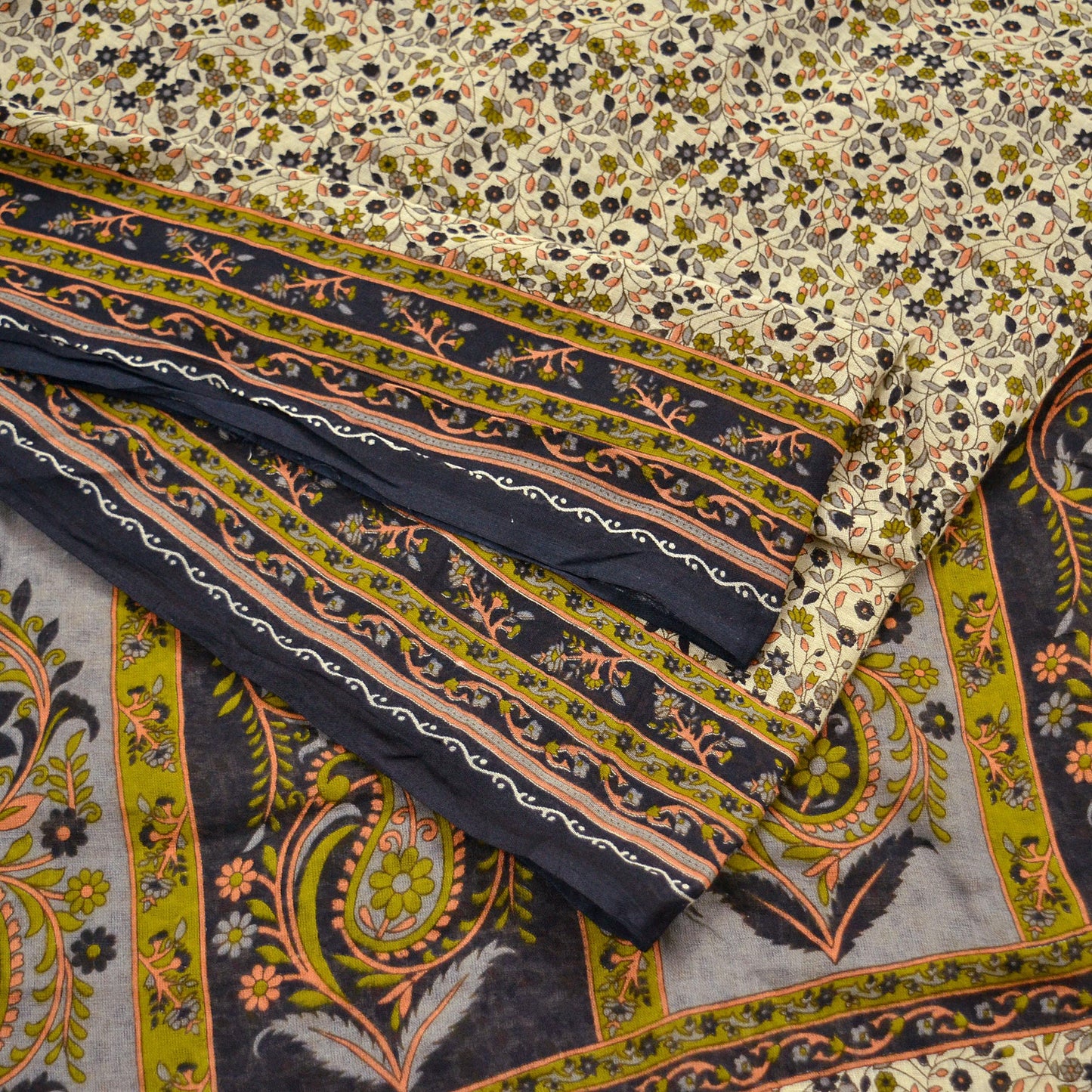 Indian Vintage Sari Ivory Printed Pure Cotton Sarees 5Yd Craft Fabric Soft Sewing Sarong Wrap Boho Upcycle quilting Dress making
