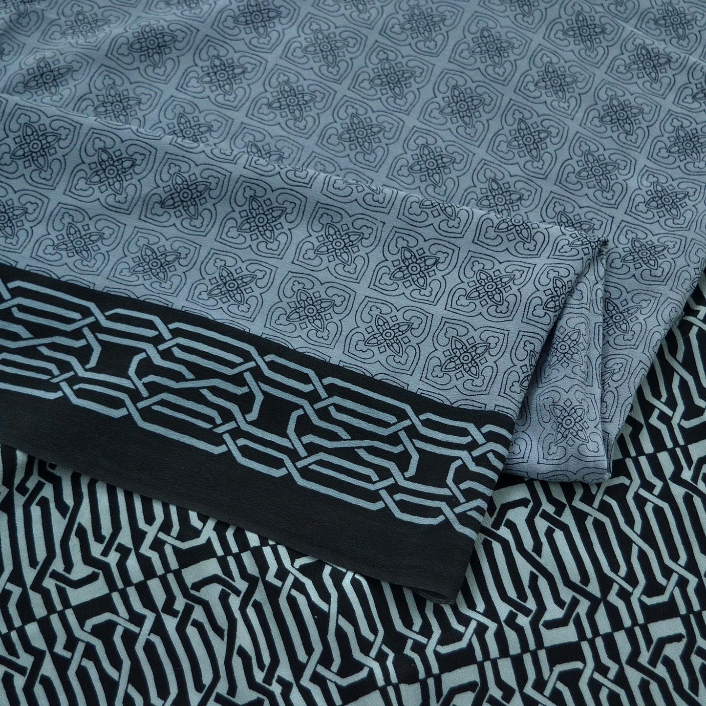 Indian Vintage Gray & Black Saree Pure Crepe Silk Printed Sari Craft Fabric 6yd Sewing Soft Wrap Dress making Crafting Quilting