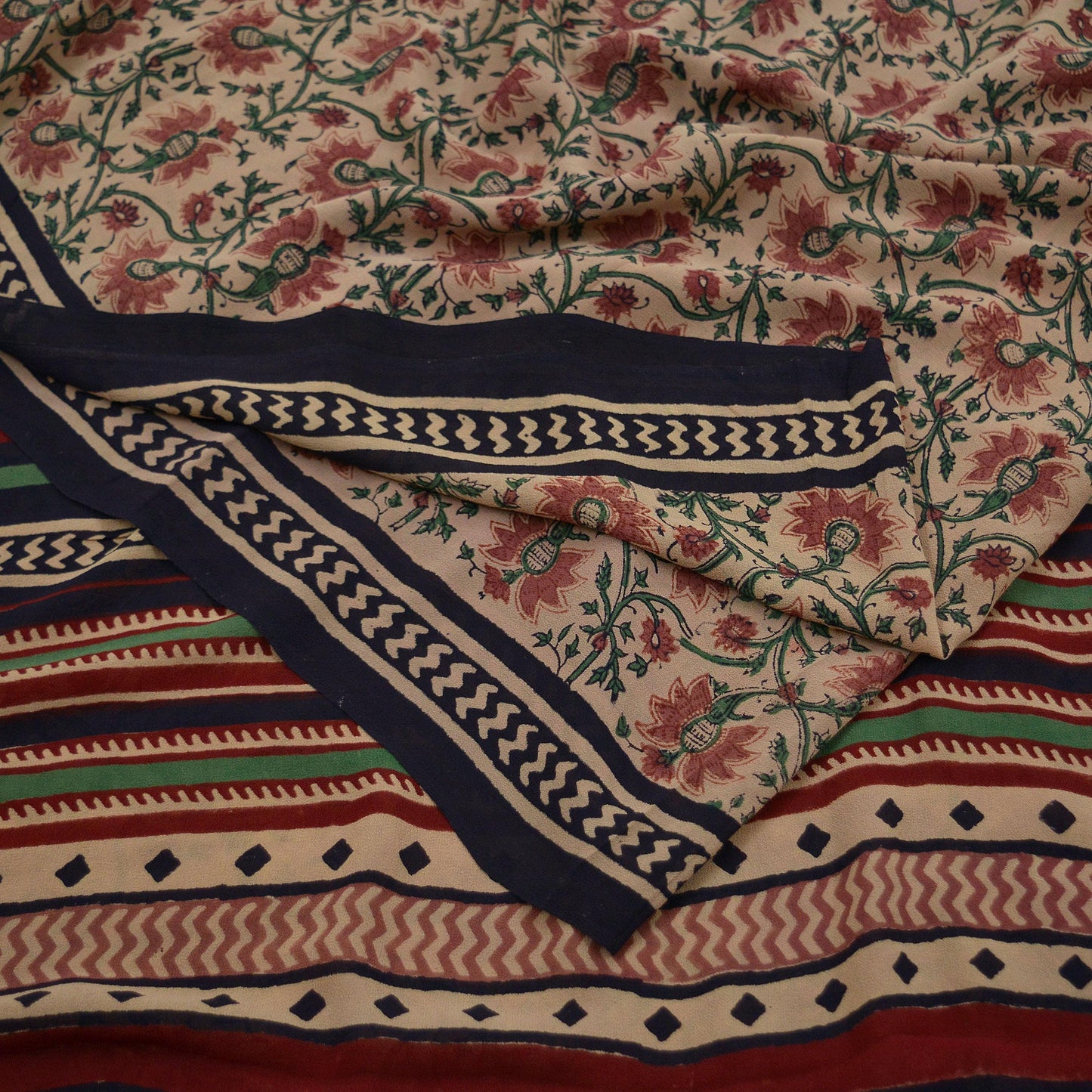 Indian Vintage Sari Beige Pure Georgette Silk Printed Sarees 5Yd Craft Fabric Sewing Quilting Dress making Crafting Quilting Upcycle