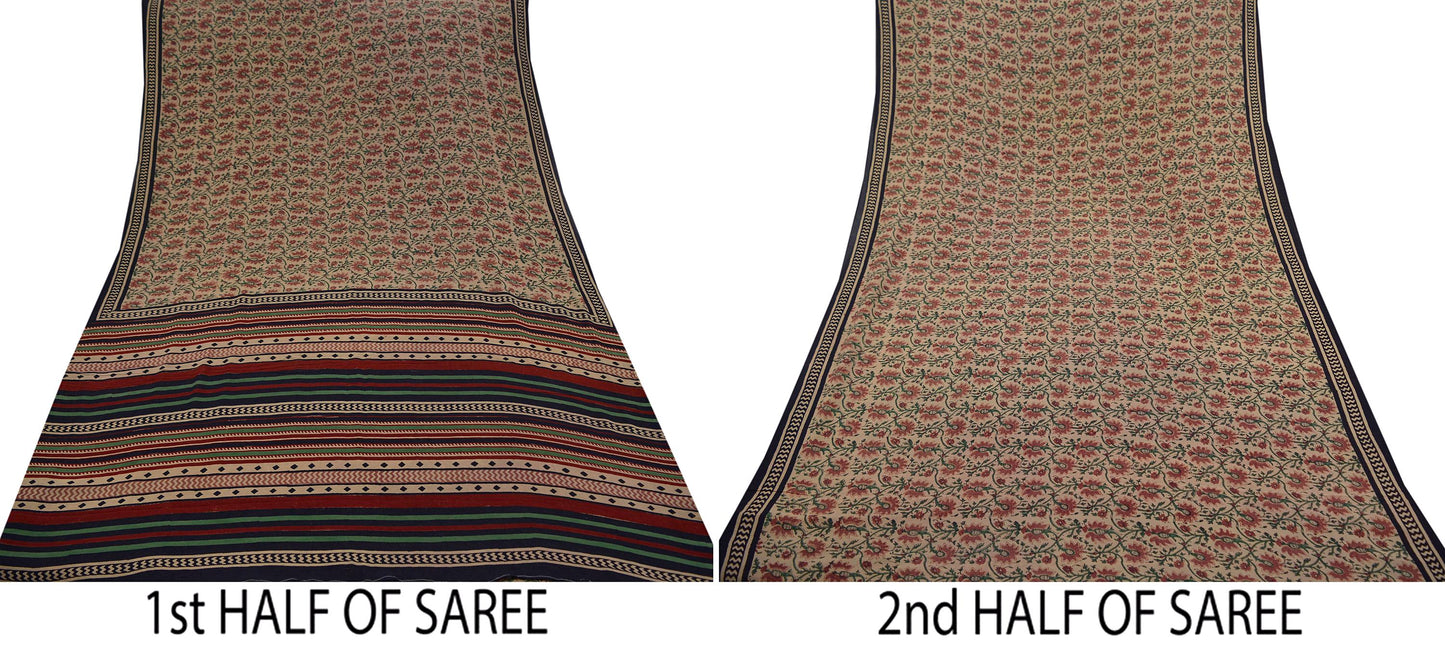 Indian Vintage Sari Beige Pure Georgette Silk Printed Sarees 5Yd Craft Fabric Sewing Quilting Dress making Crafting Quilting Upcycle
