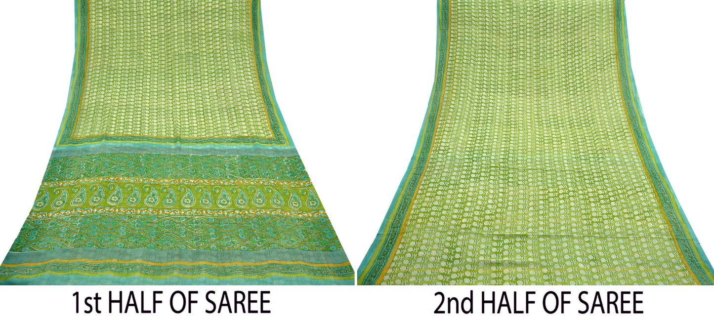 Women Vintage Sari Ivory & Green 100% Pure Georgette Silk Block Printed Saree Craft Fabric Sewing 5Yard Soft Sari Dress Making