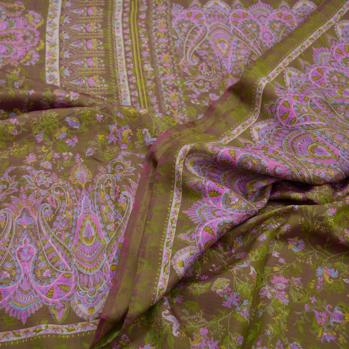 Indian Vintage Sari Green & Pink Pure Silk Printed Sarees 5yd Sewing Craft Fabric Dress Making Soft Wrap Upcycle Used Quilting Crafting