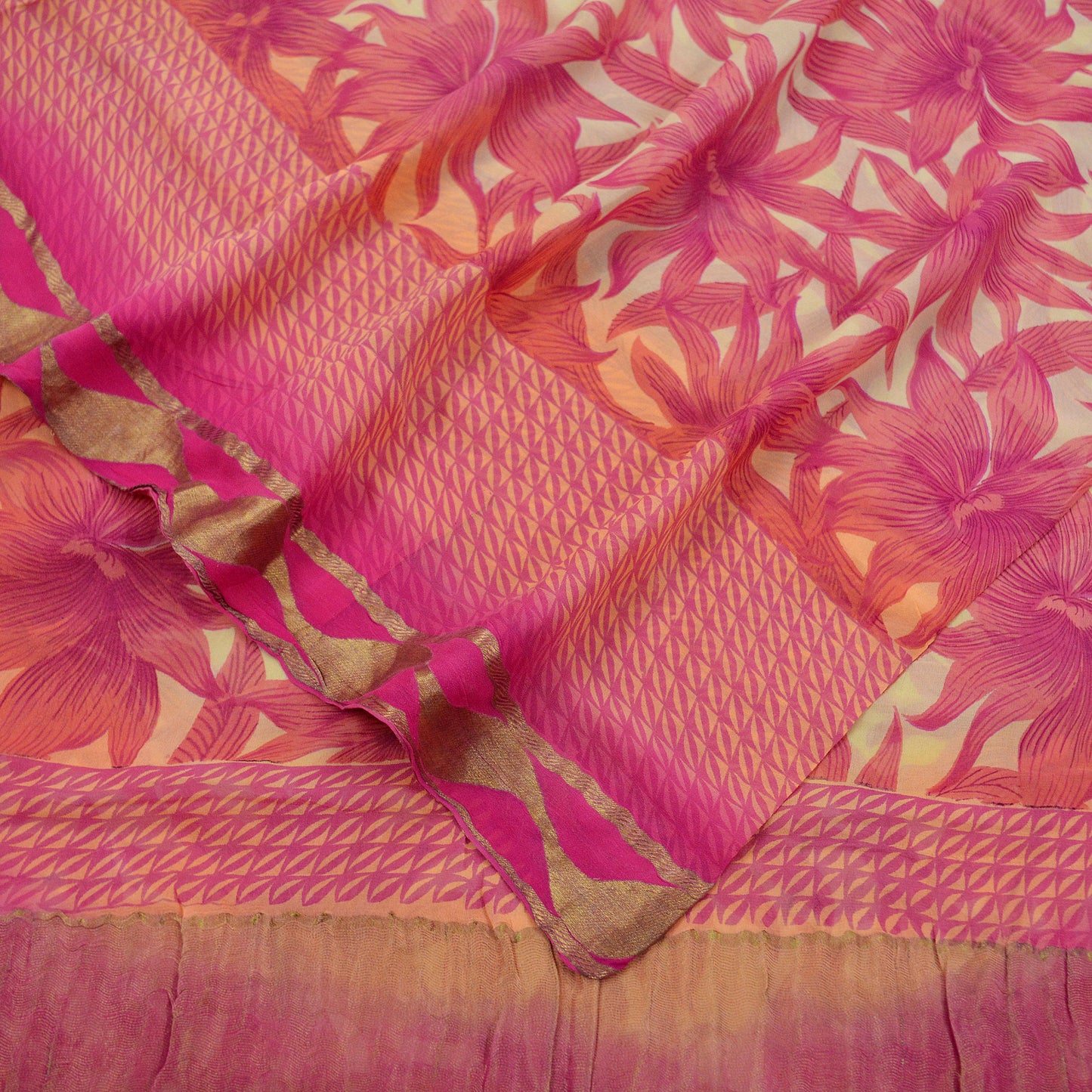 Indian Women Vintage Sari Beige & Pink Pure Georgette Silk Printed Saree Sewing 5yd Soft Craft Fabric Floral Wrap Boho Zari Dress making