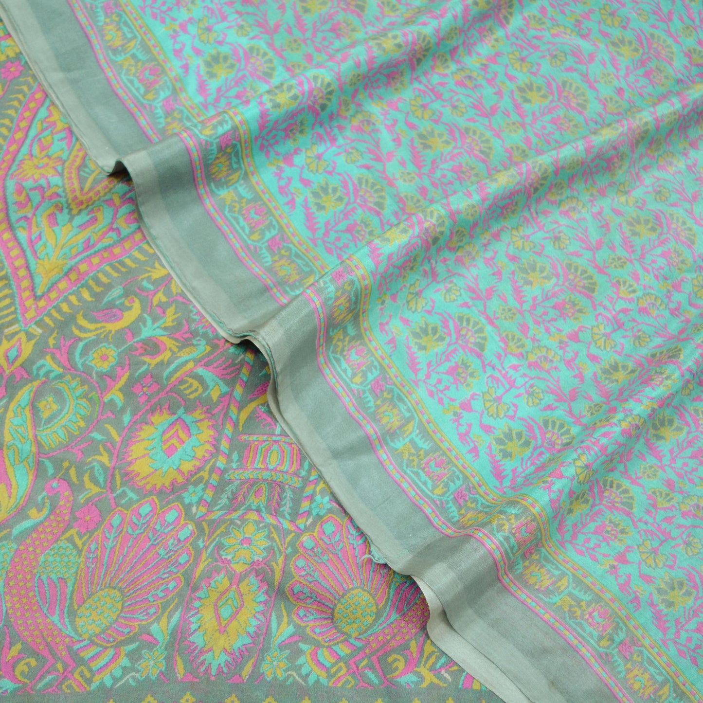 Indian Vintage Sari Green & Gray Pure Silk Printed Sarees Craft Fabric 5yd Sewing Dress Making Soft Floral Crafting Quilting Upcycle Used